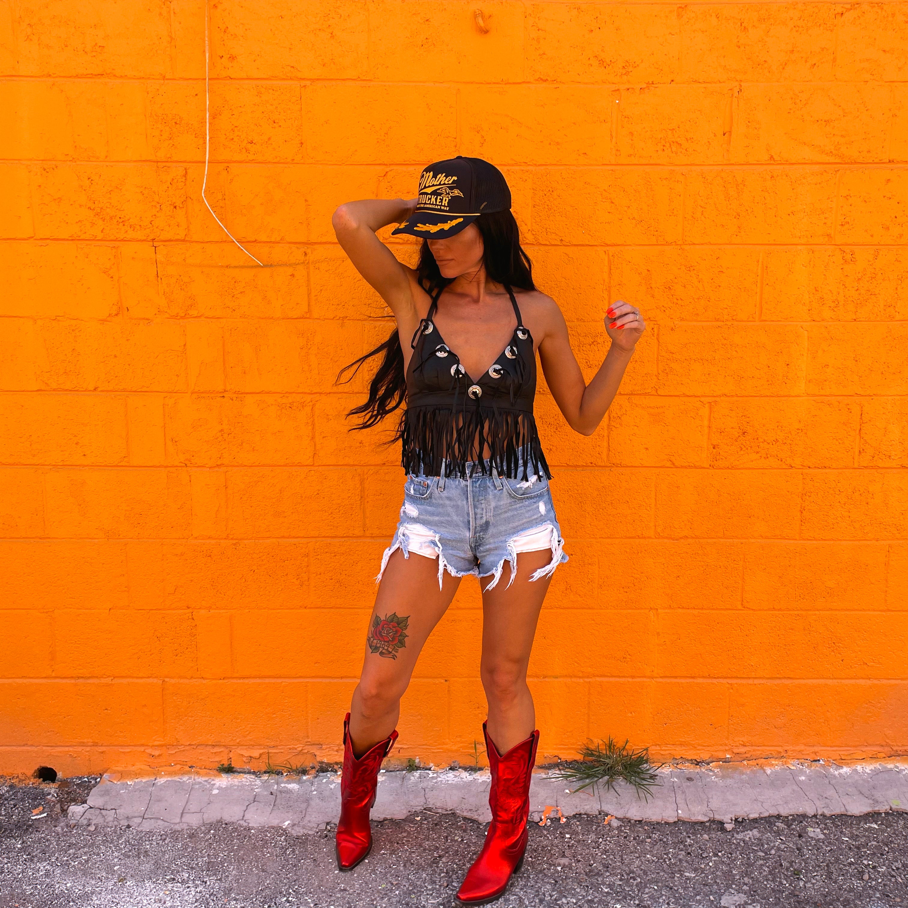 Vintage Leather Fringe Concho Halter – Neon Moon