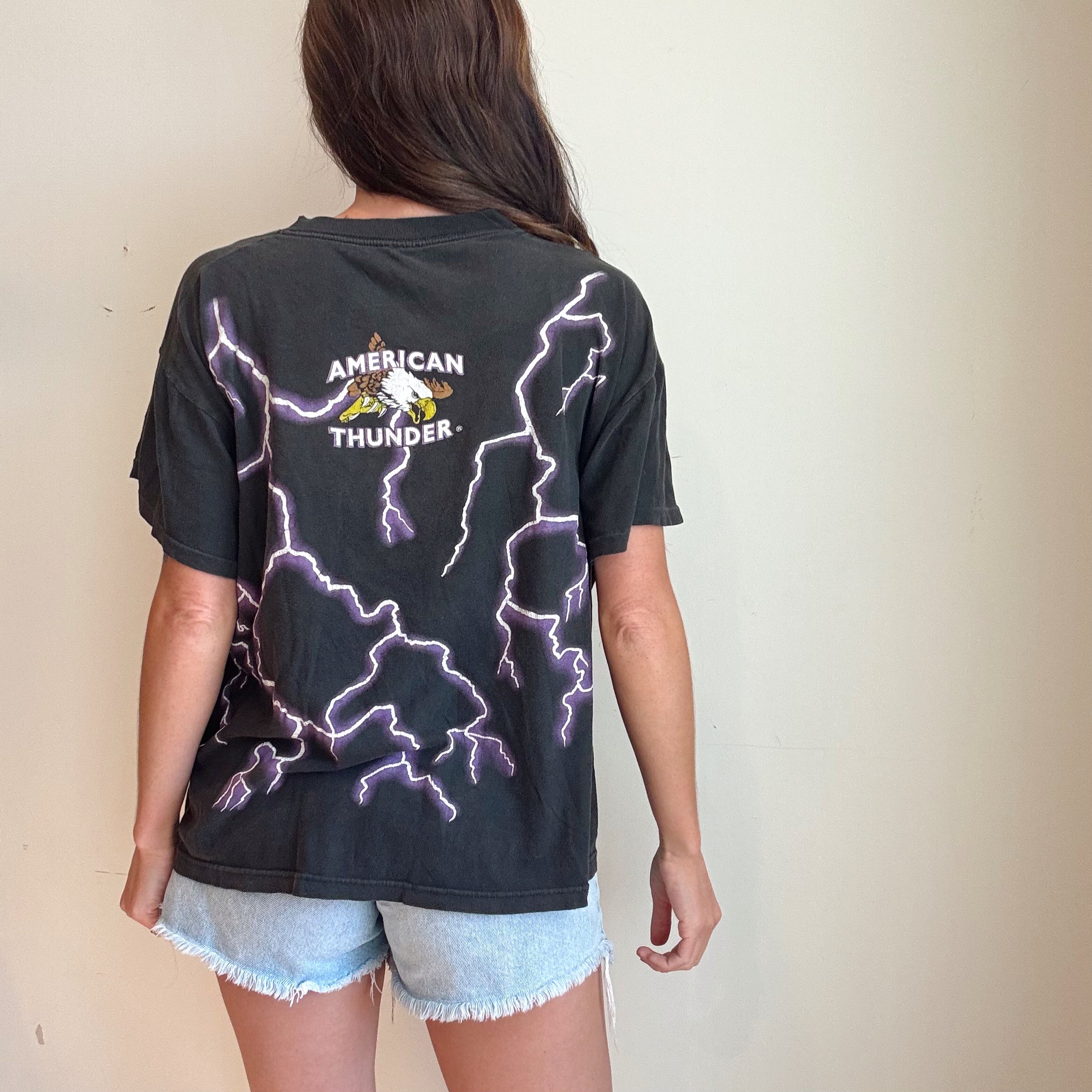 Vintage 90s Ride The Best Lightning All Over Print Biker Tee