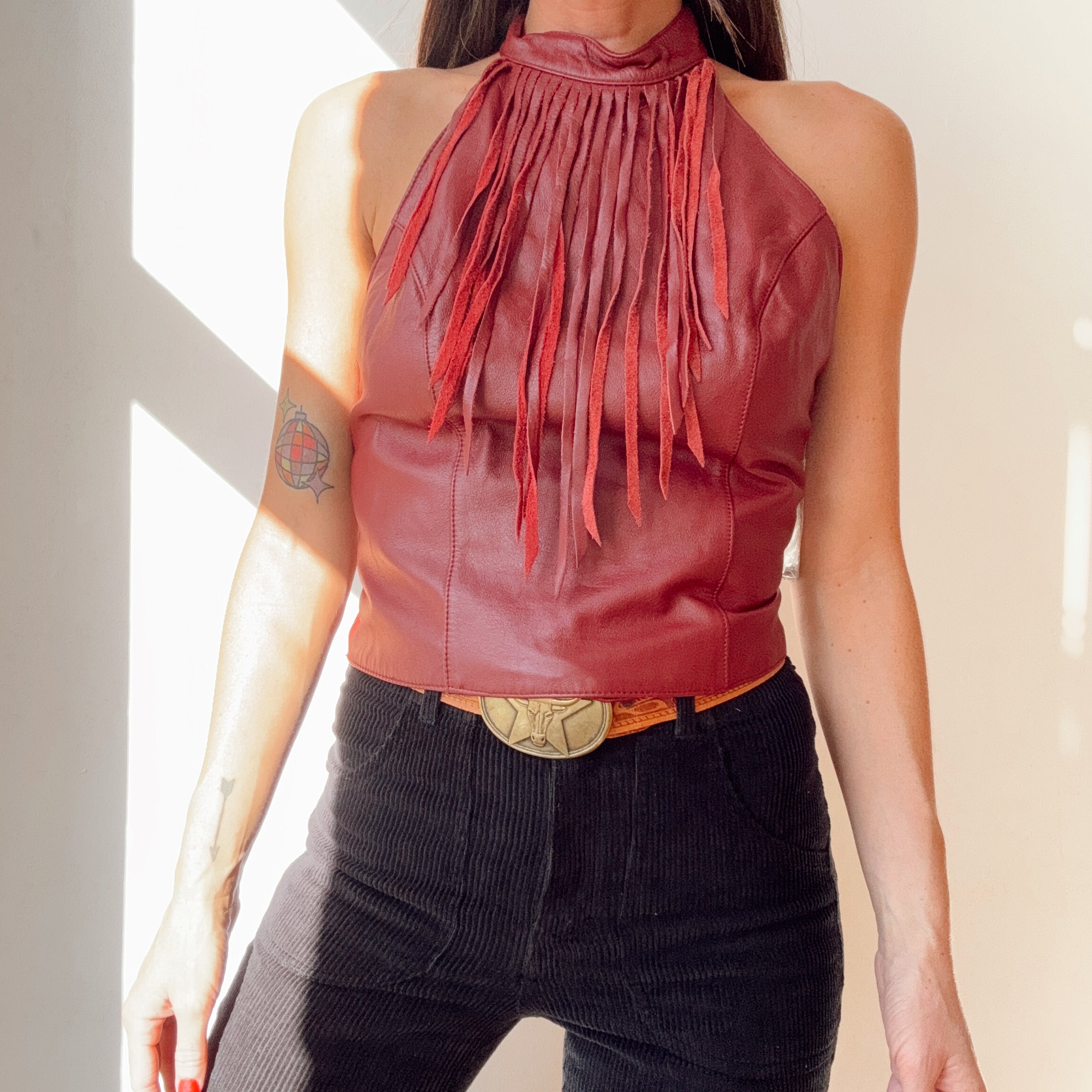 Vintage Leather Cherry Red Fringe Halter