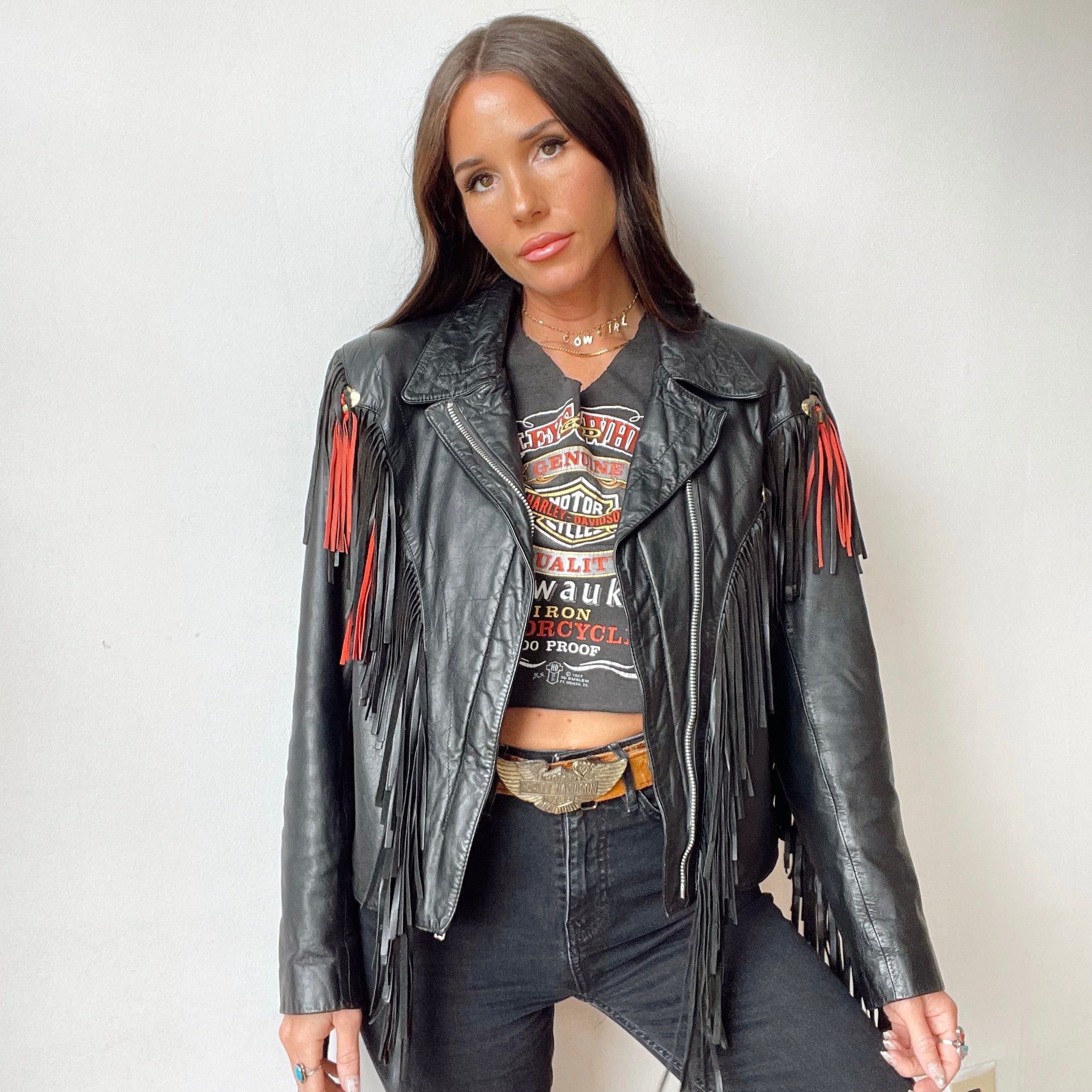 Vintage Leather Fringe Heart Concho Jacket