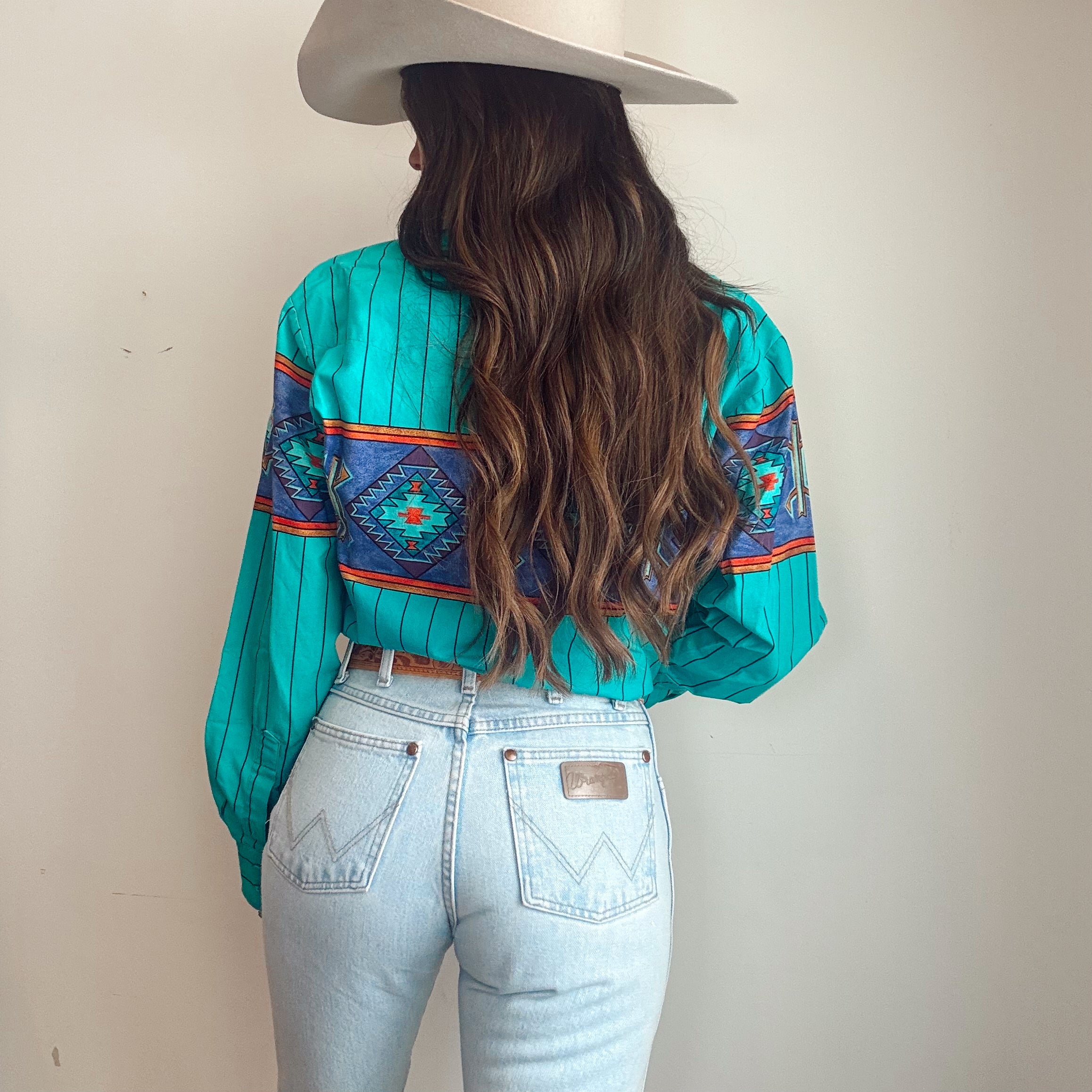 Vintage 90s Western Turquoise Aztec Striped Button Up