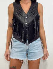 Vintage Leather Black Rose Fringe Beaded Vest