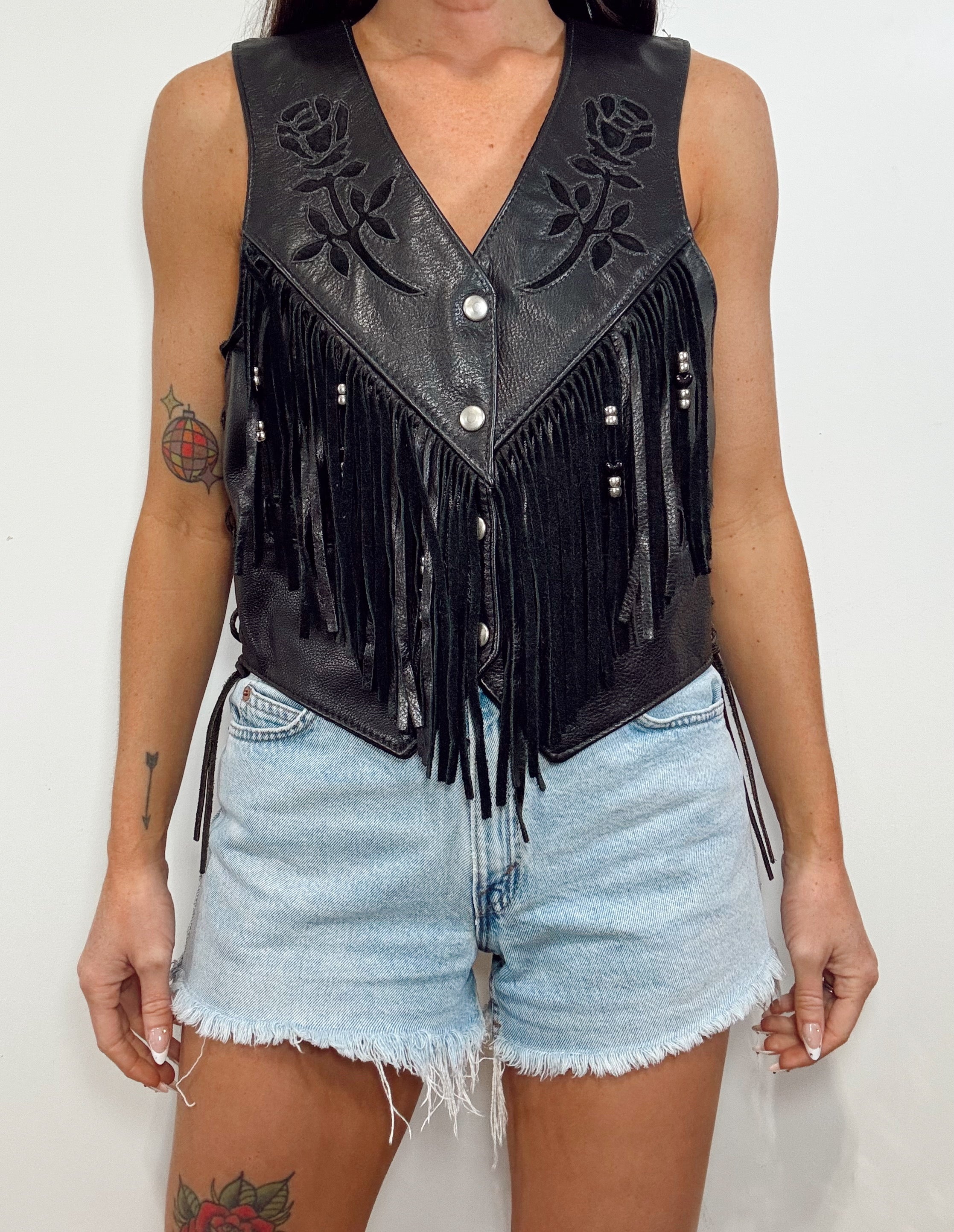 Vintage Leather Black Rose Fringe Beaded Vest