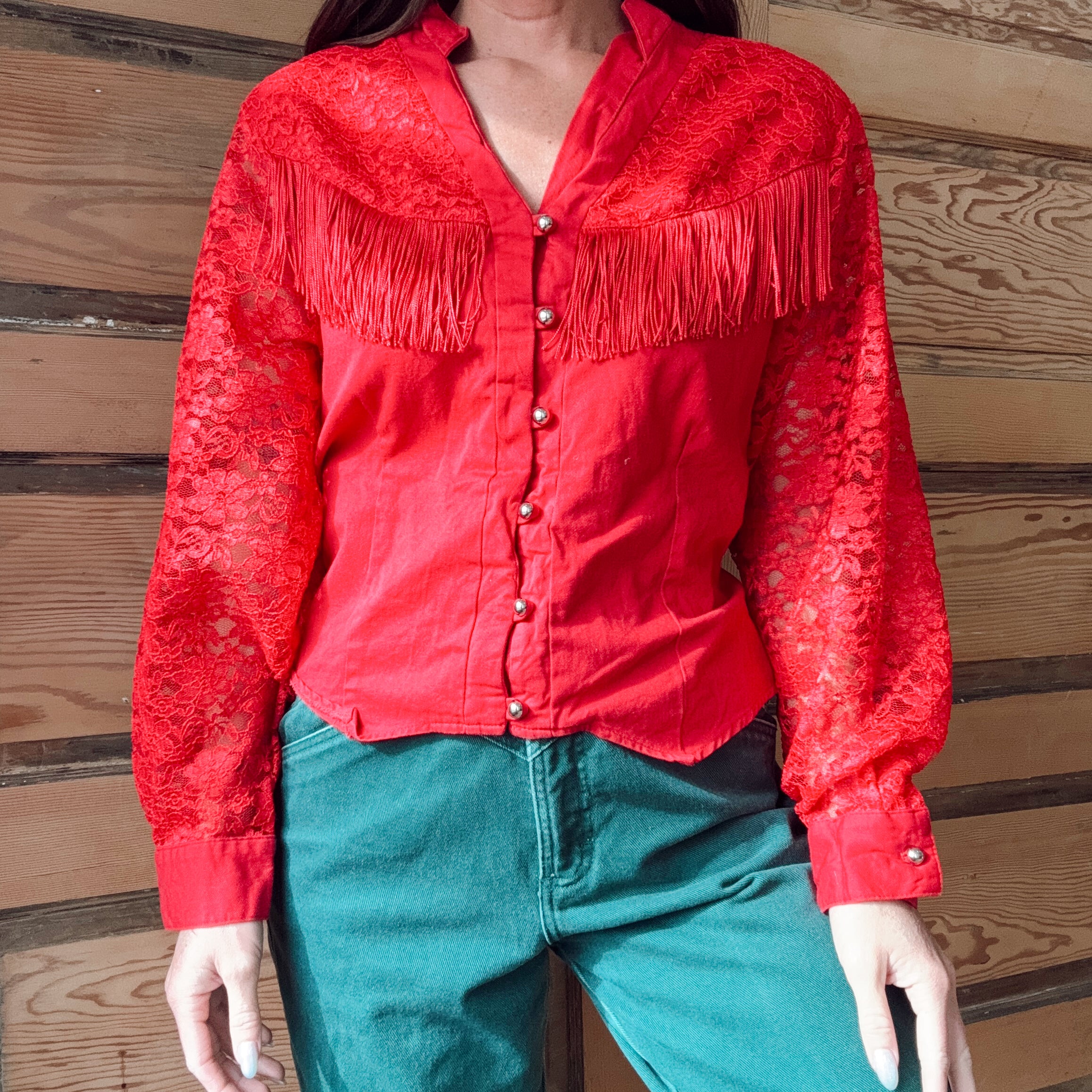 Vintage 90s Western Red Lace Fringe Top