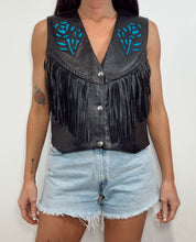 Vintage Leather Turquoise Rose Fringe Vest