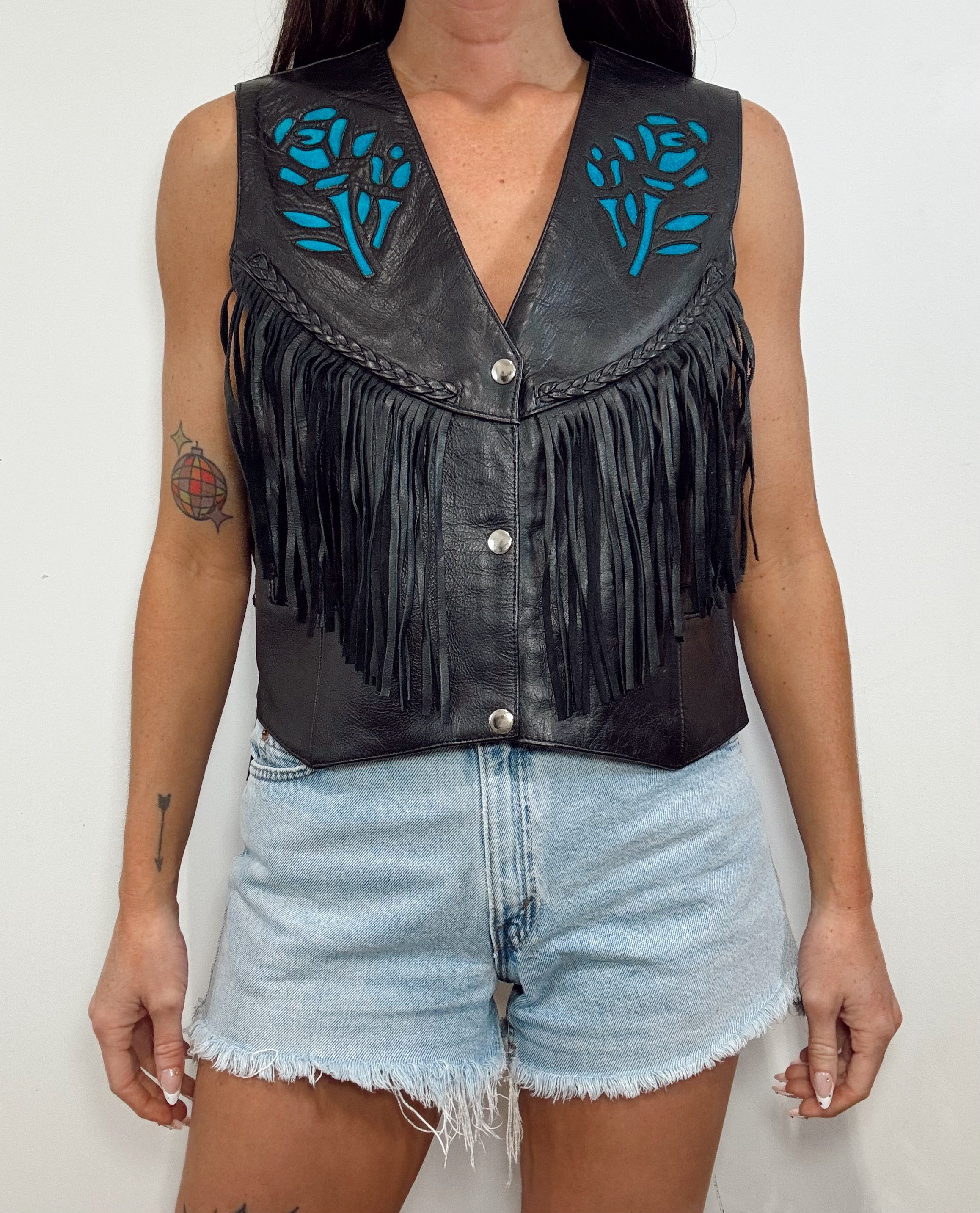 Vintage Leather Turquoise Rose Fringe Vest