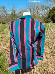 Vintage 90s Wrangler Turquoise & Black Striped Pearl Snap