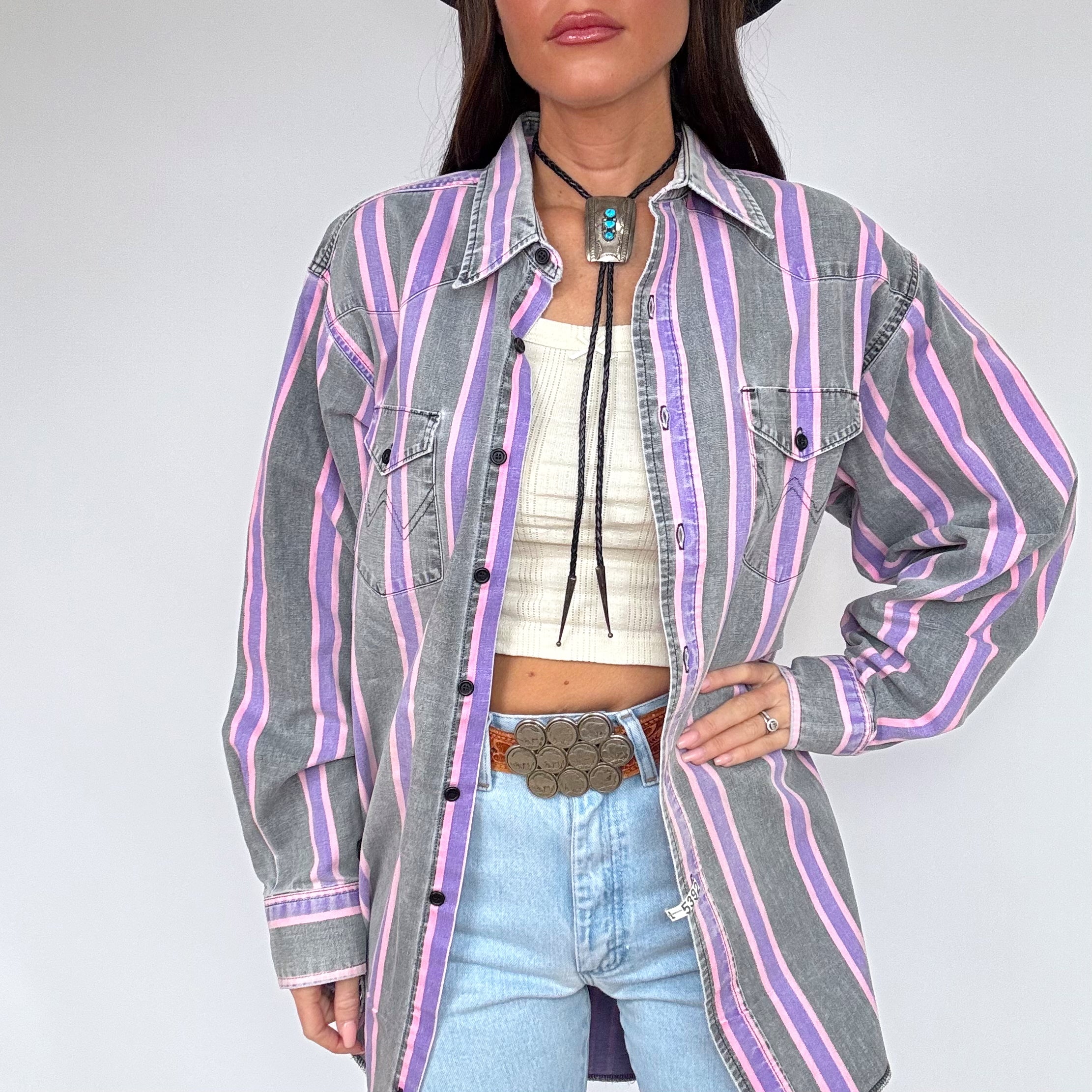 Vintage 90s Wrangler Brushpopper Striped Button Up