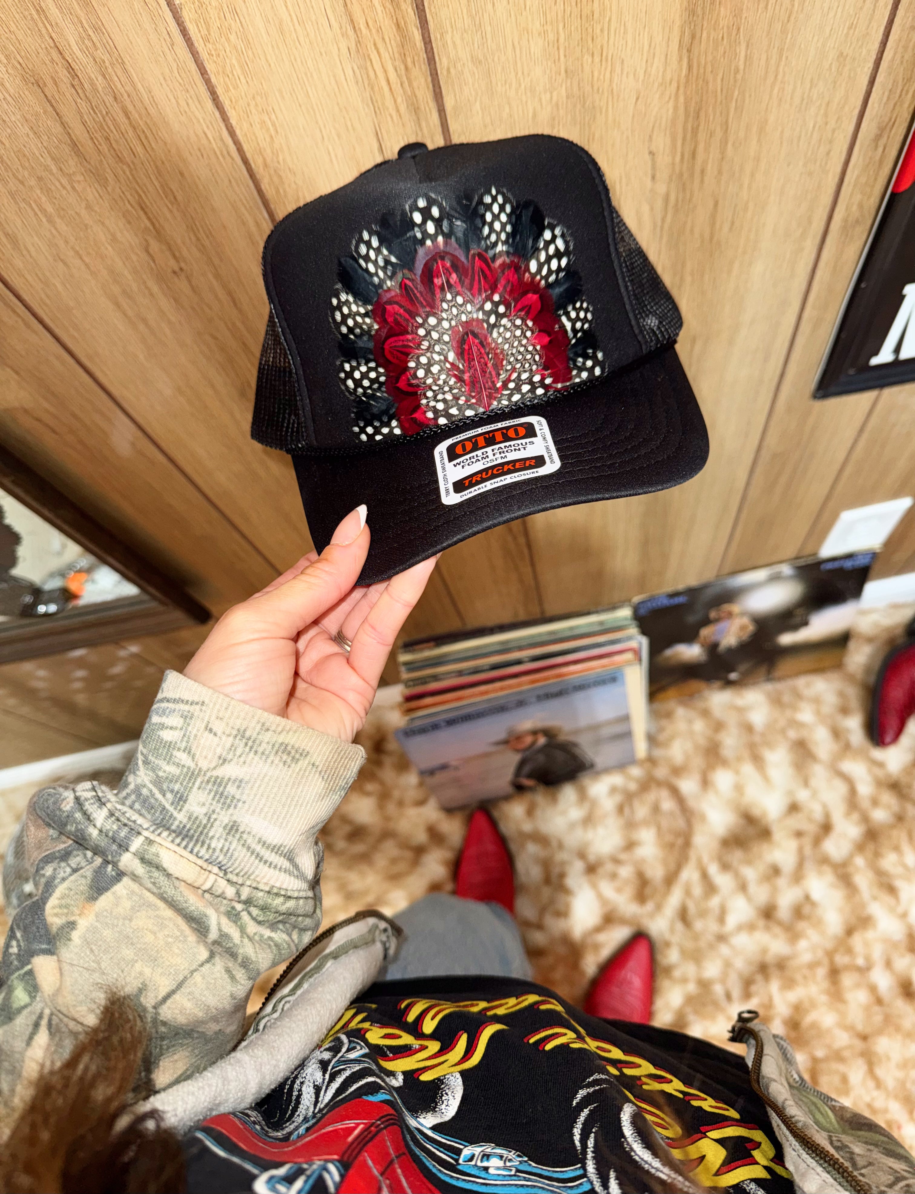 Neon Orange Camo Feather Trucker Hat