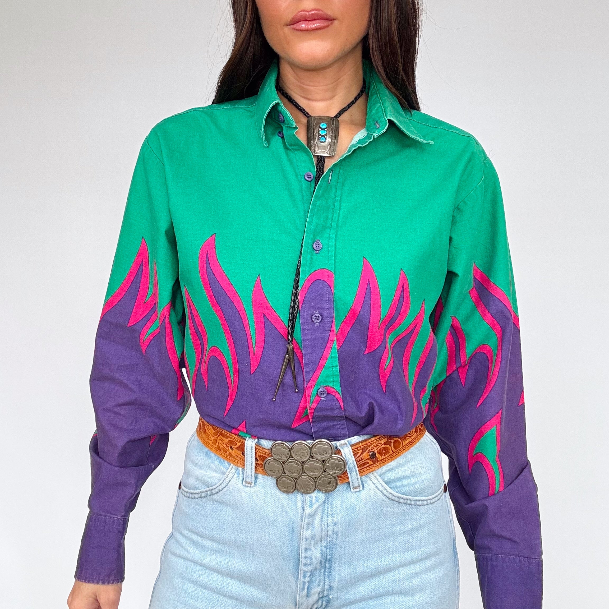 Vintage 90s Brooks & Dunn Neon Flame Button Up