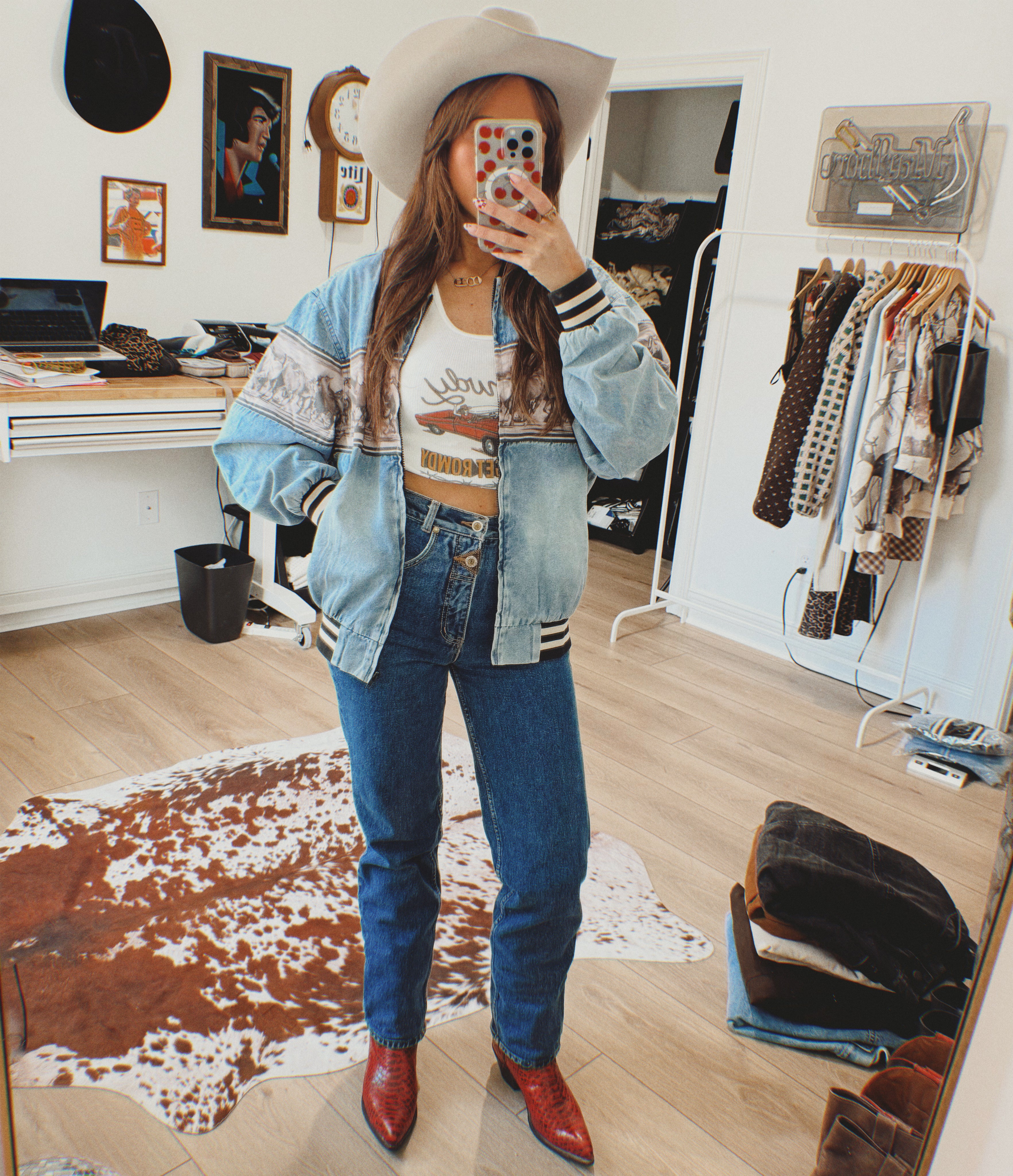 Retro Wild Horses Denim Bomber Jacket