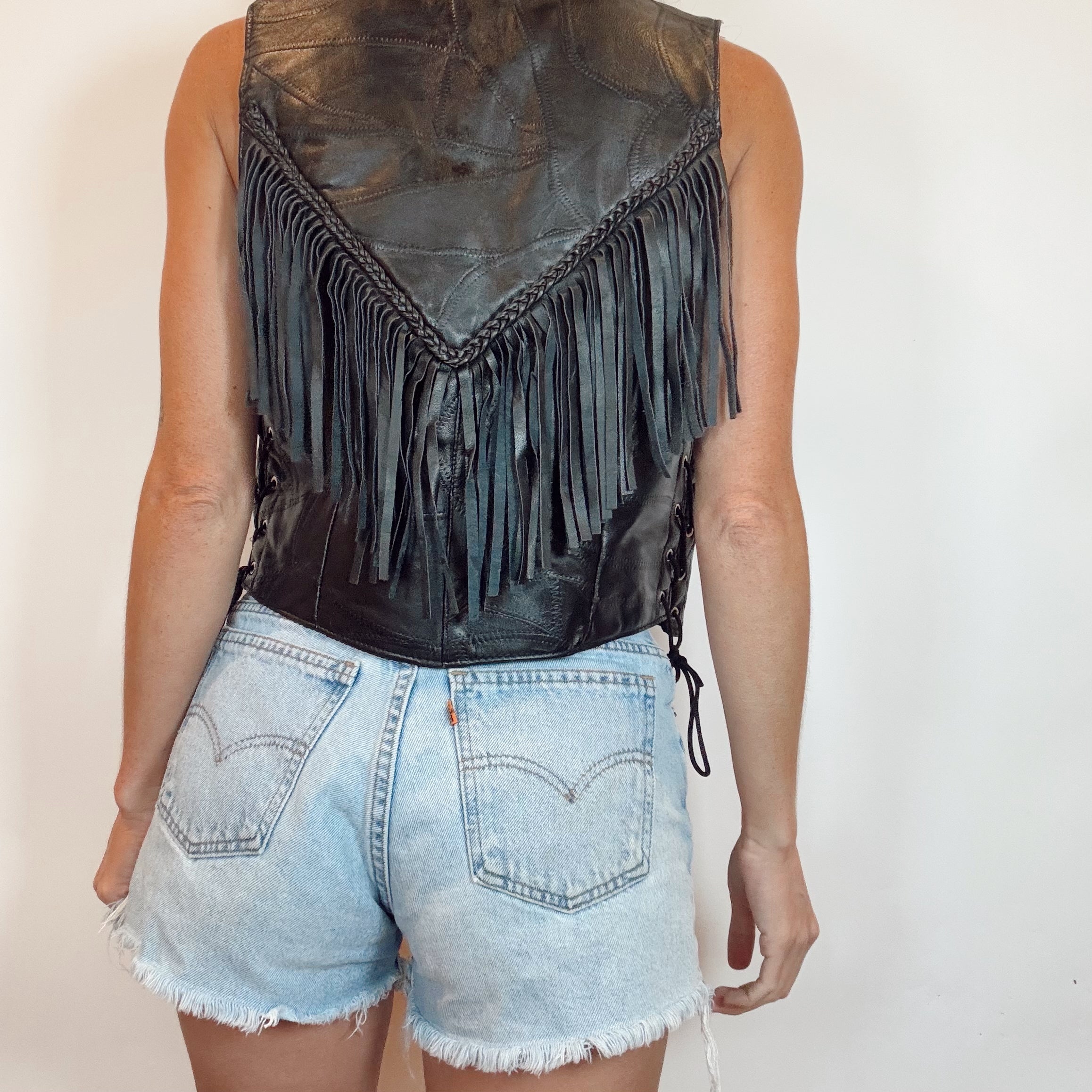 Vintage 80s Black Leather Fringe Vest