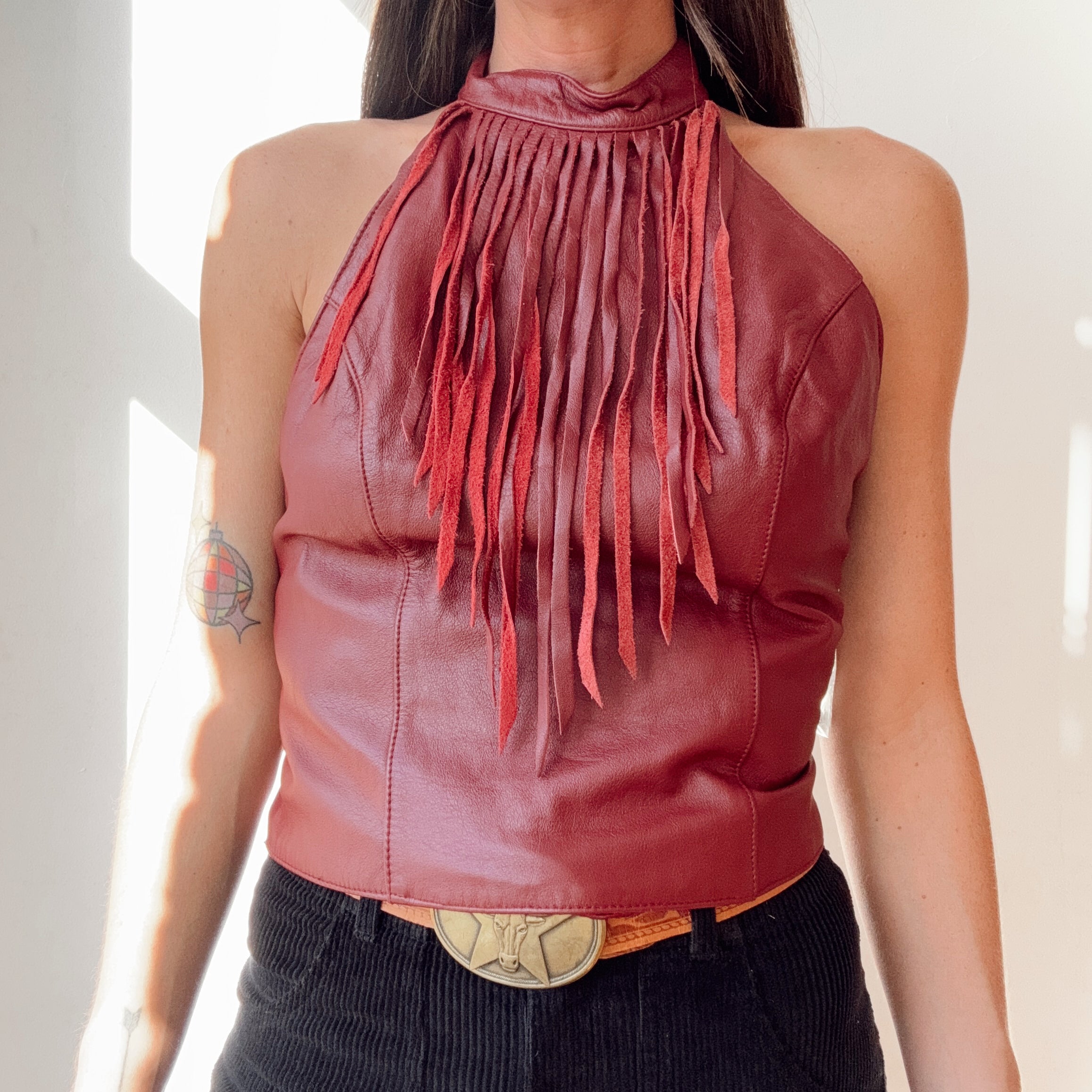 Vintage Leather Cherry Red Fringe Halter