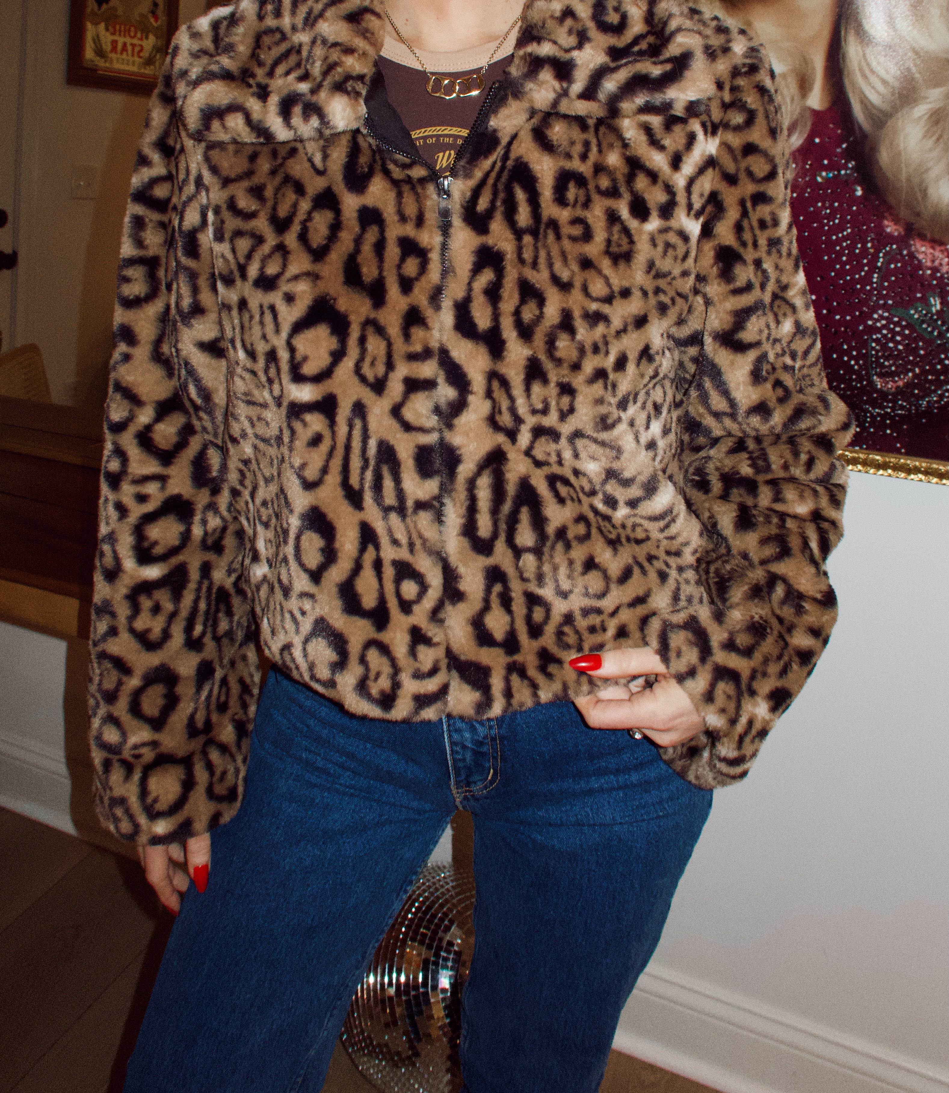 Leopard Faux Fur Zip Up Coat