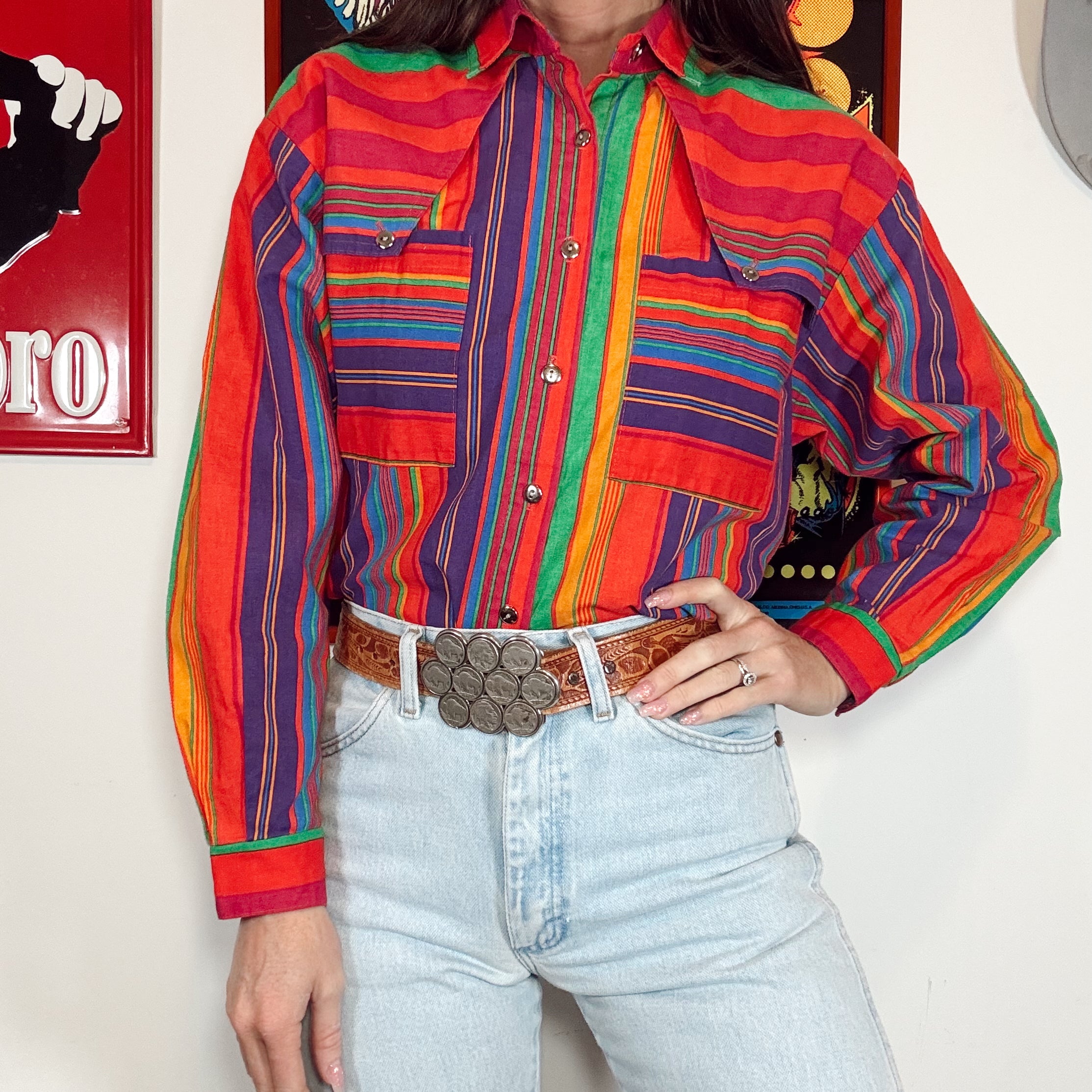 Vintage 90s Western Neon Striped Button Up