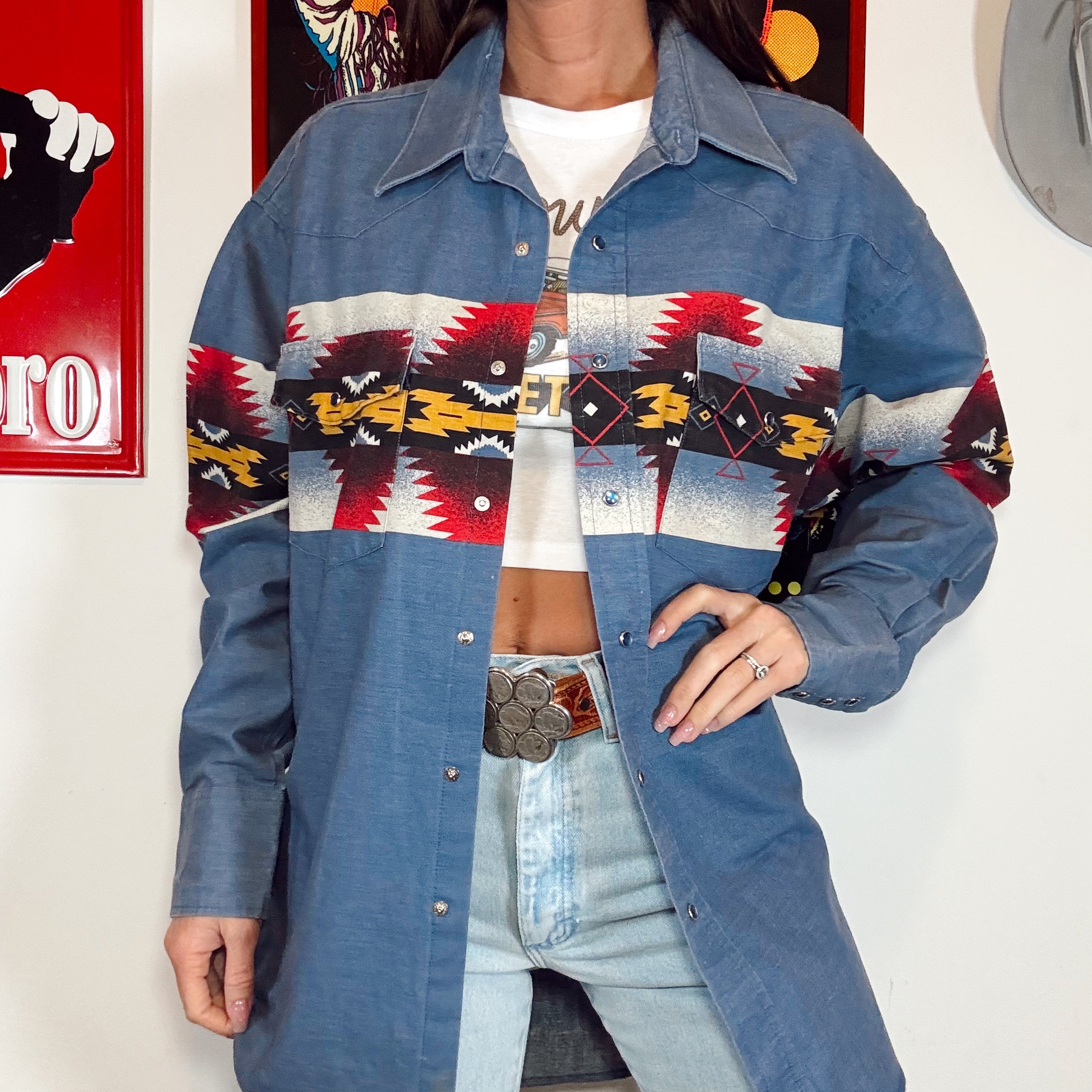 Vintage 90s Wrangler Aztec Pearl Snap