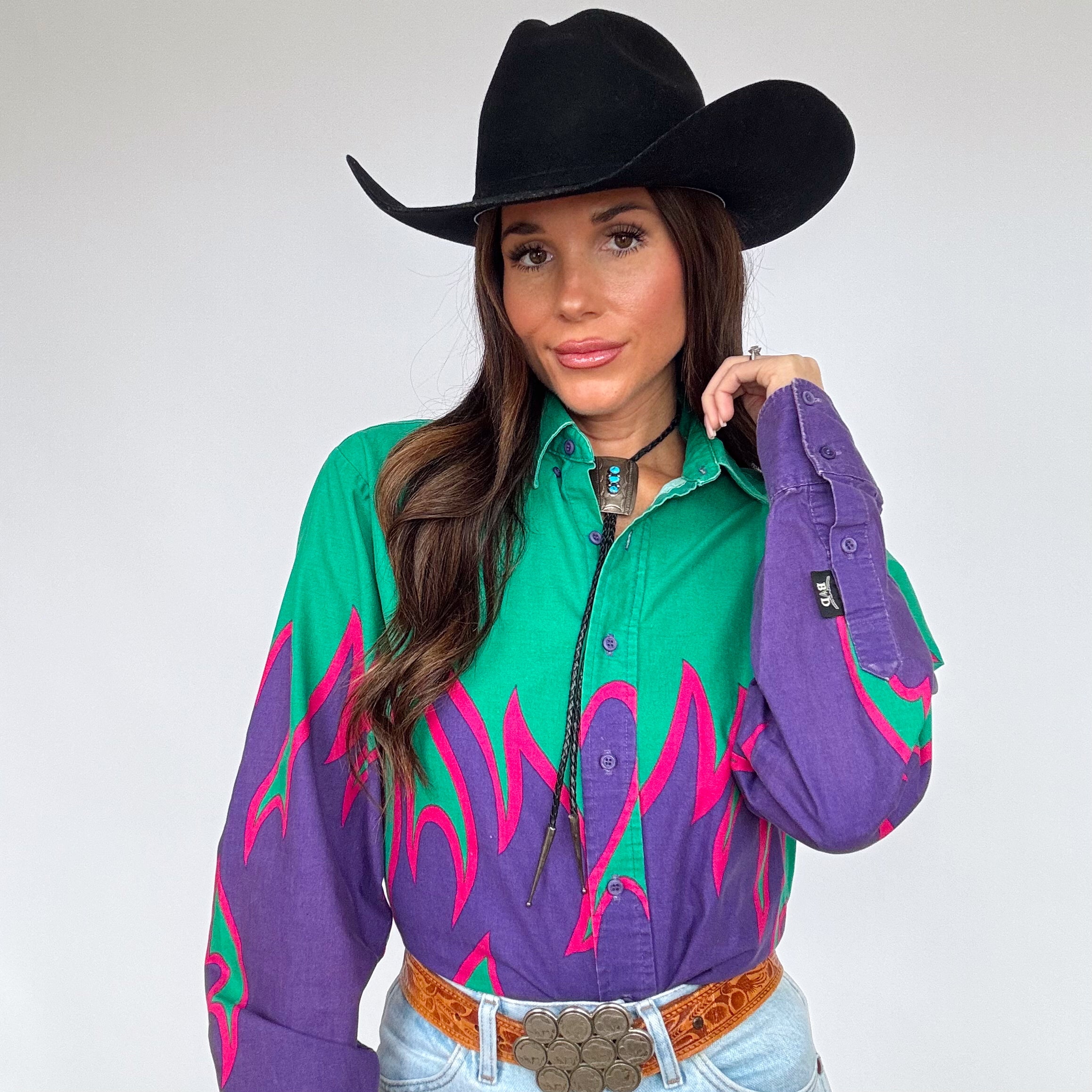 Vintage 90s Brooks & Dunn Neon Flame Button Up