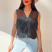 Vintage Leather Red Rose Fringe Vest