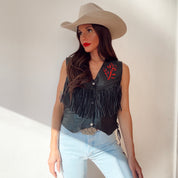 Vintage Leather Red Rose Fringe Vest