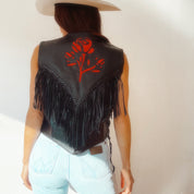 Vintage Leather Red Rose Fringe Vest