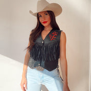 Vintage Leather Red Rose Fringe Vest