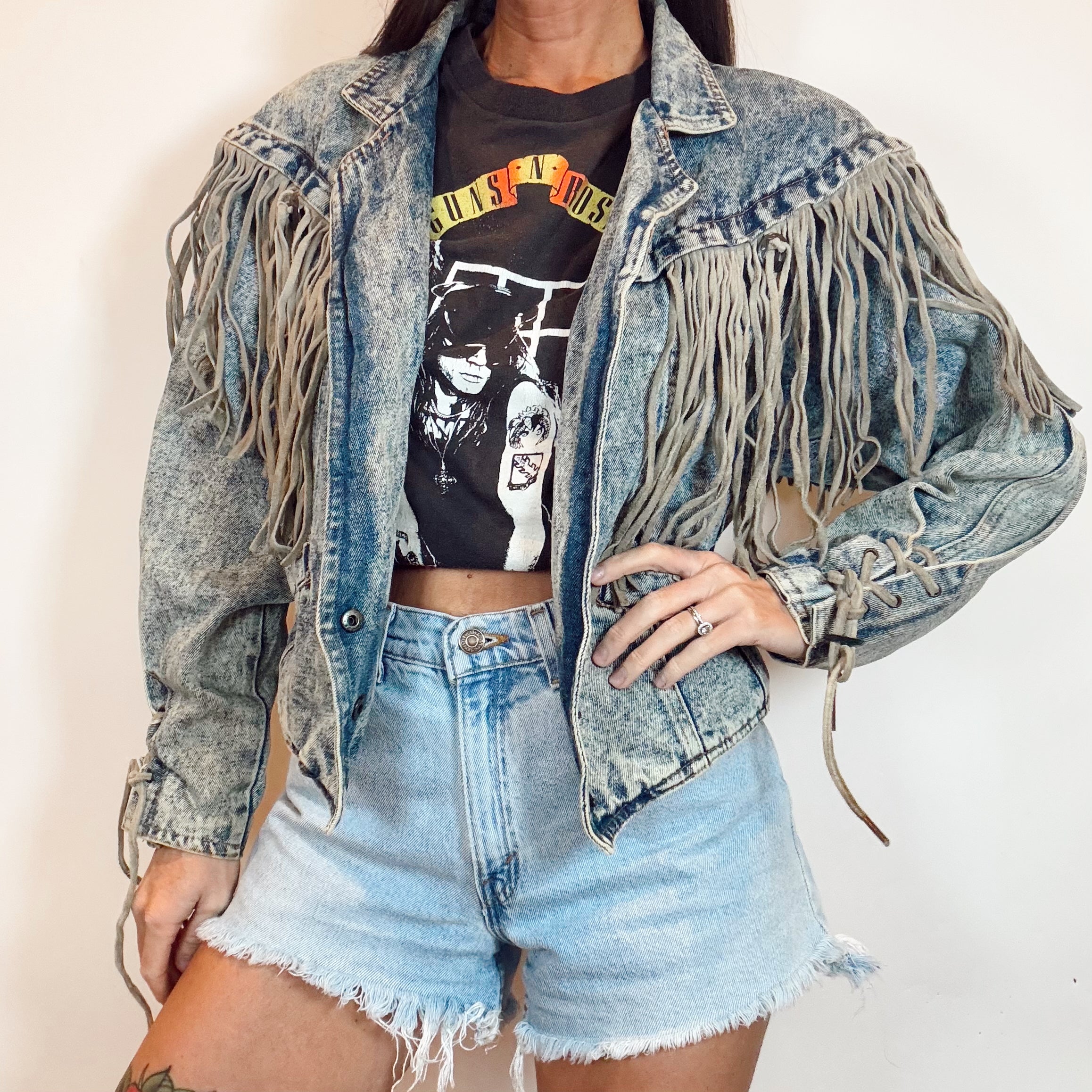 Vintage 80s Denim Acid Wash Suede Fringe Jacket