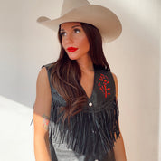 Vintage Leather Red Rose Fringe Vest