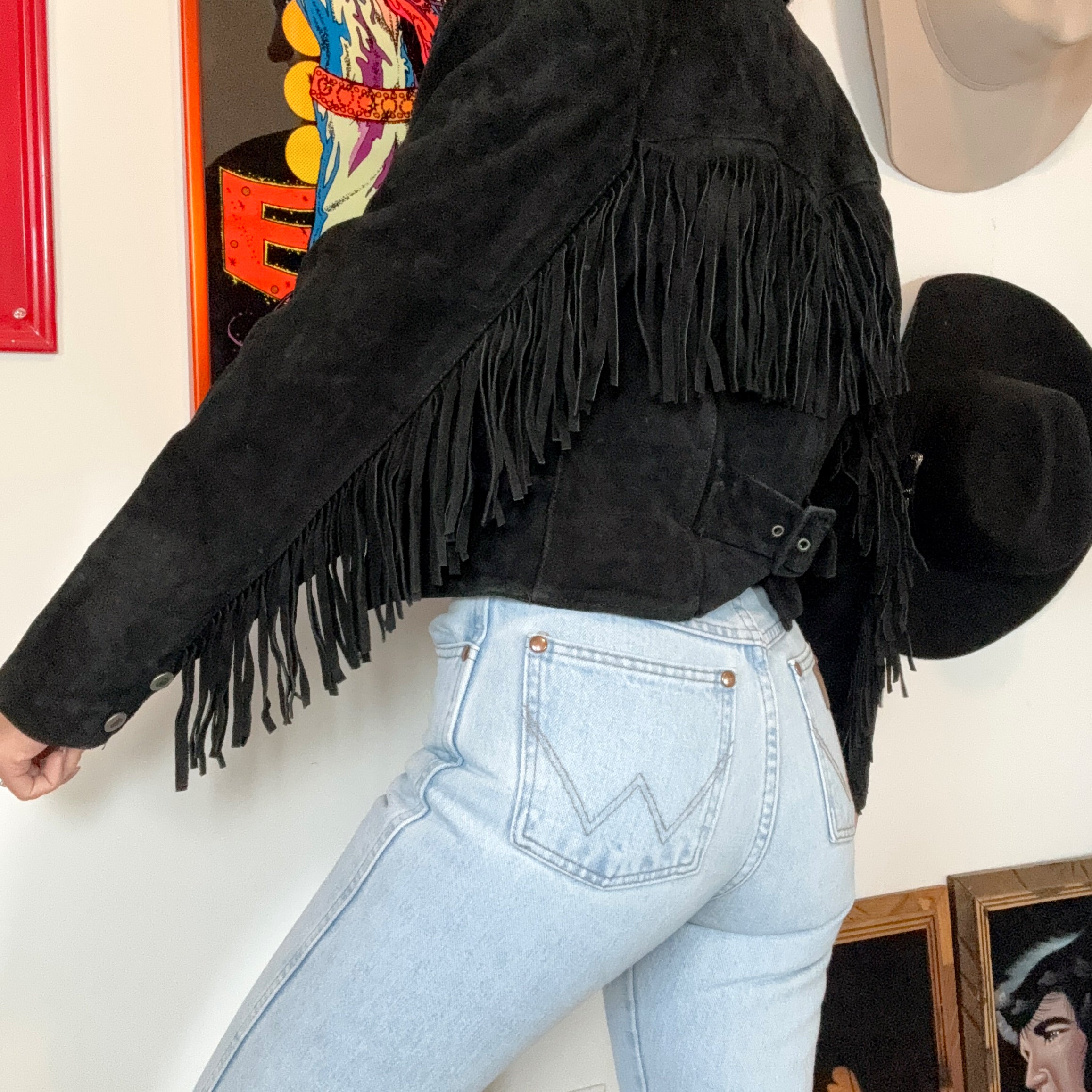 Vintage Black Suede Fringe Jacket