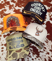 Neon Orange Camo Feather Trucker Hat