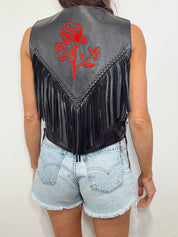 Vintage Red Rose Leather Fringe Vest