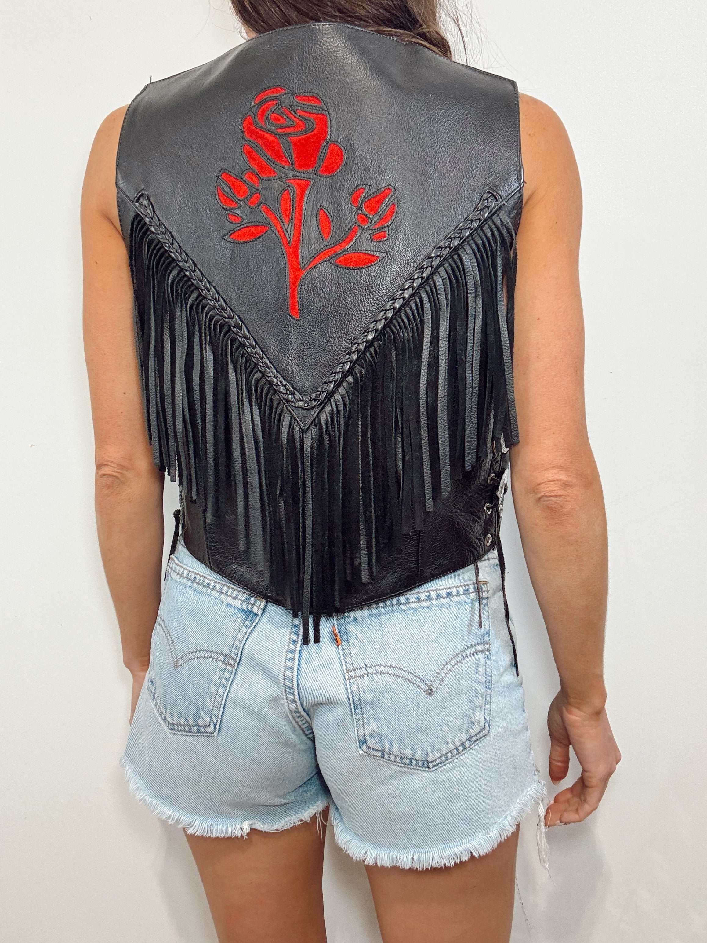 Vintage Red Rose Leather Fringe Vest