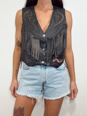 Vintage Leather Rose Fringe Vest