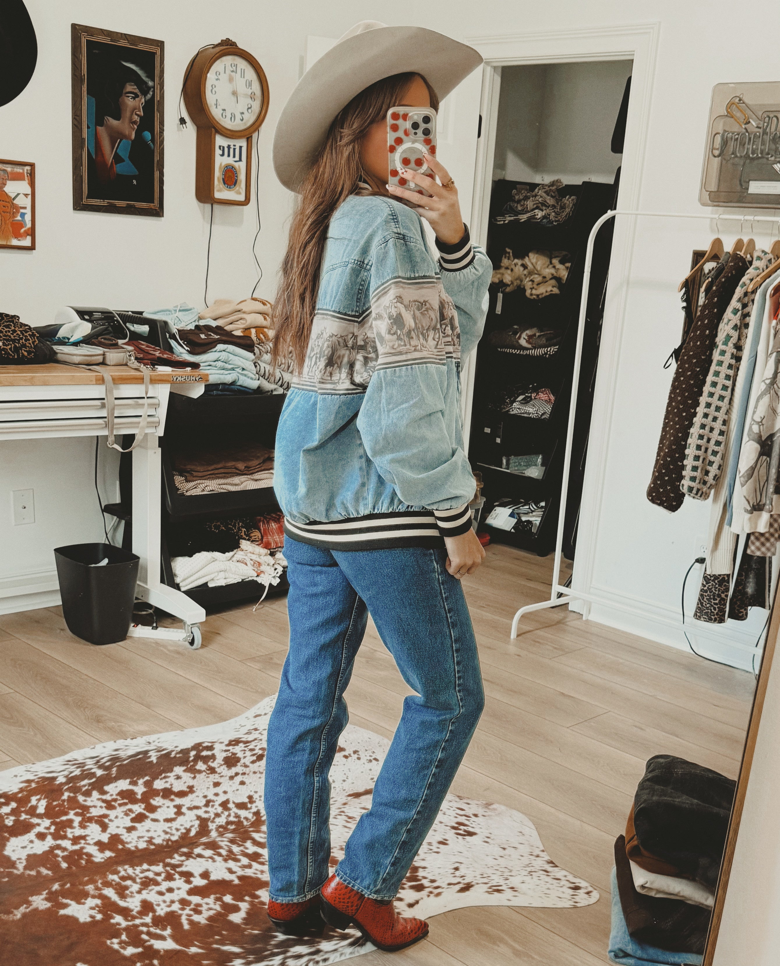 Retro Wild Horses Denim Bomber Jacket