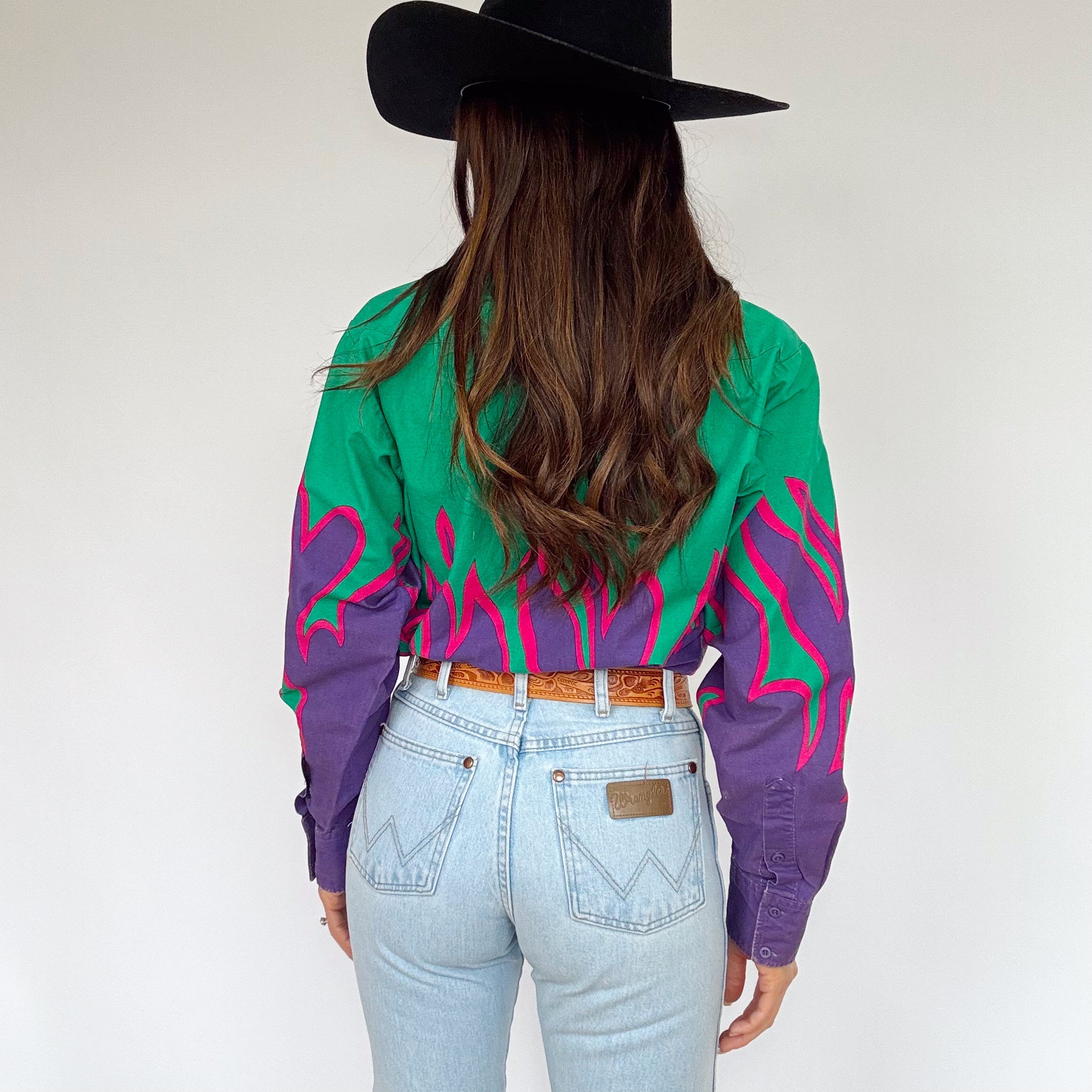 Vintage 90s Brooks & Dunn Neon Flame Button Up