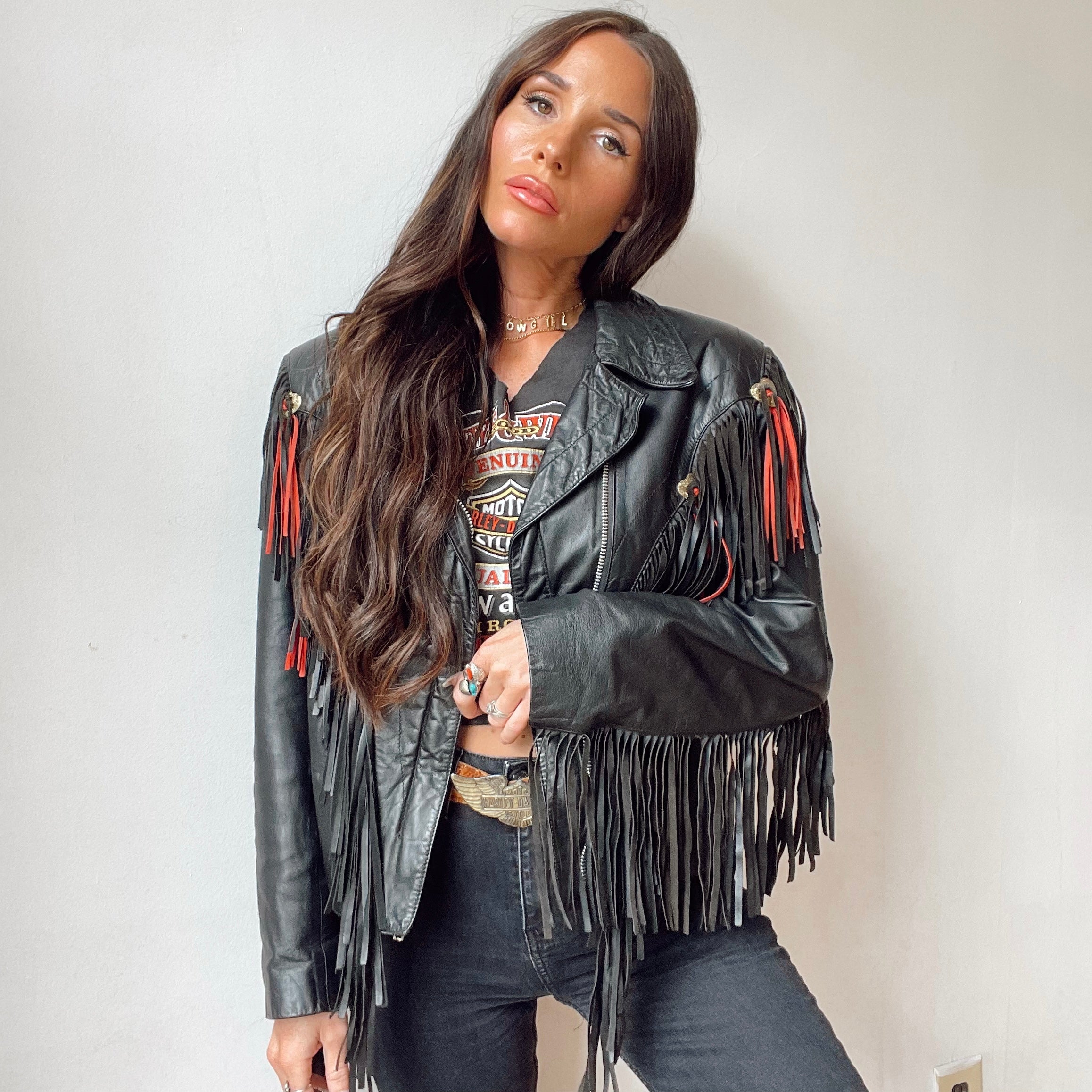 Vintage Leather Fringe Heart Concho Jacket