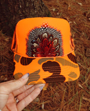 Neon Orange Camo Feather Trucker Hat