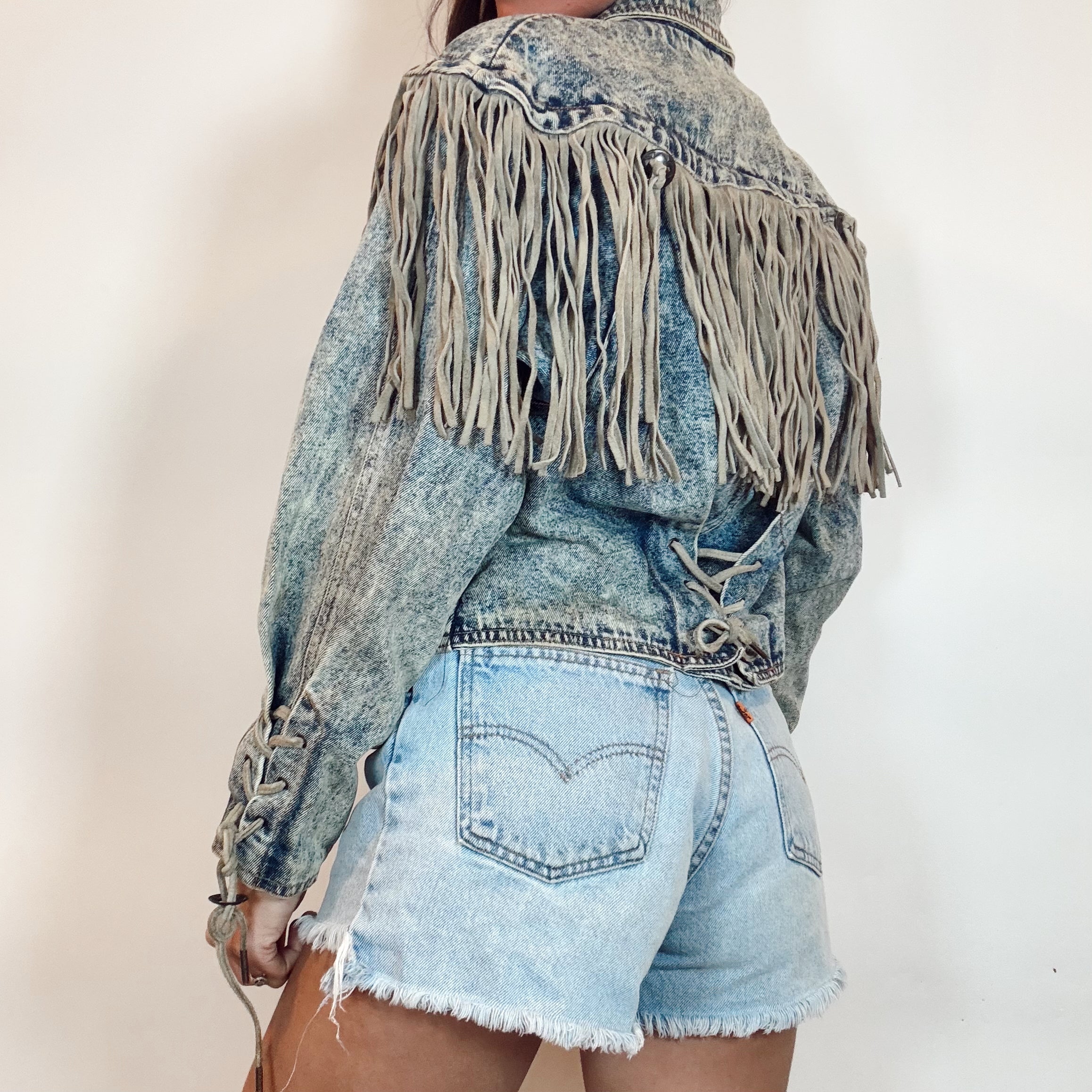 Vintage 80s Denim Acid Wash Suede Fringe Jacket