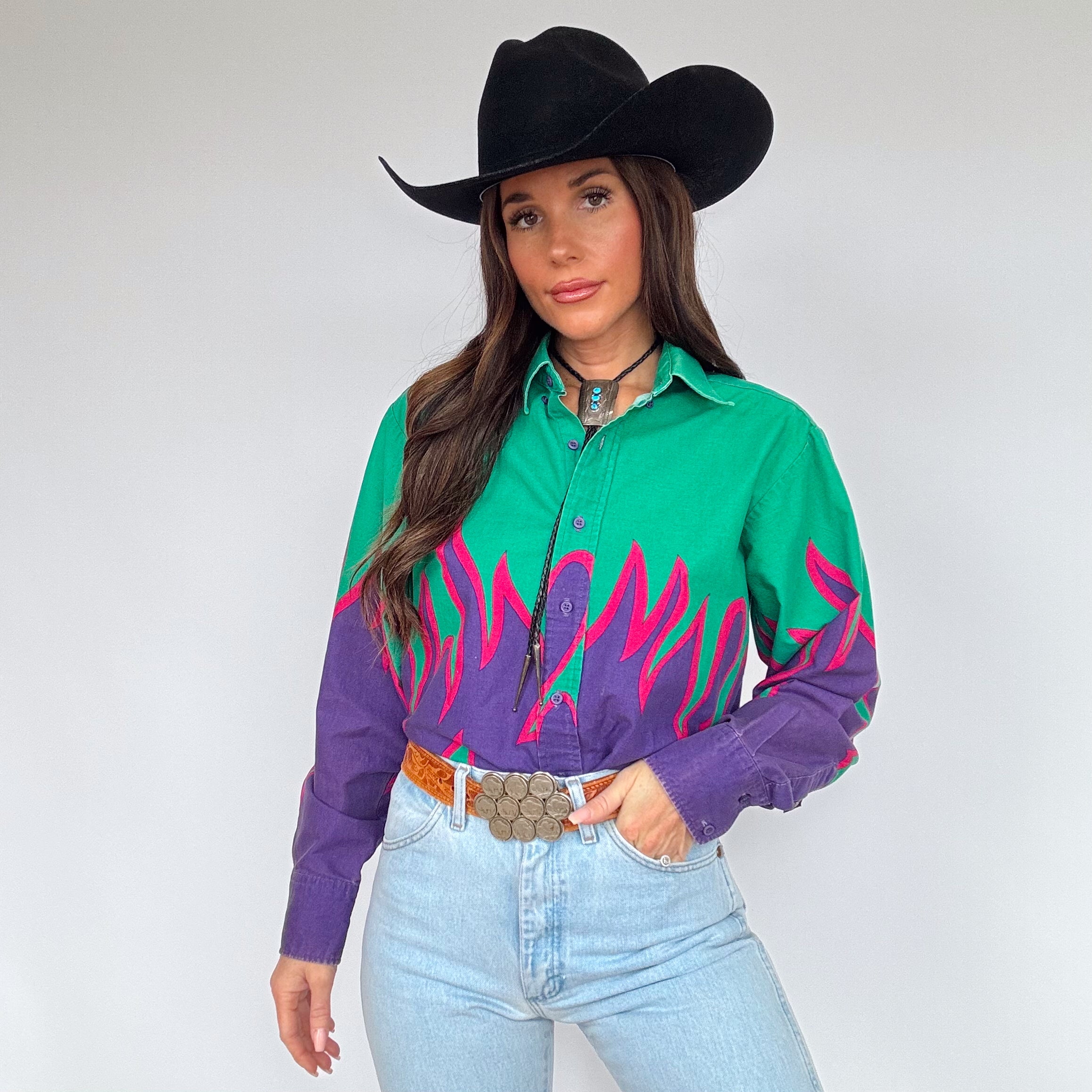 Vintage 90s Brooks & Dunn Neon Flame Button Up