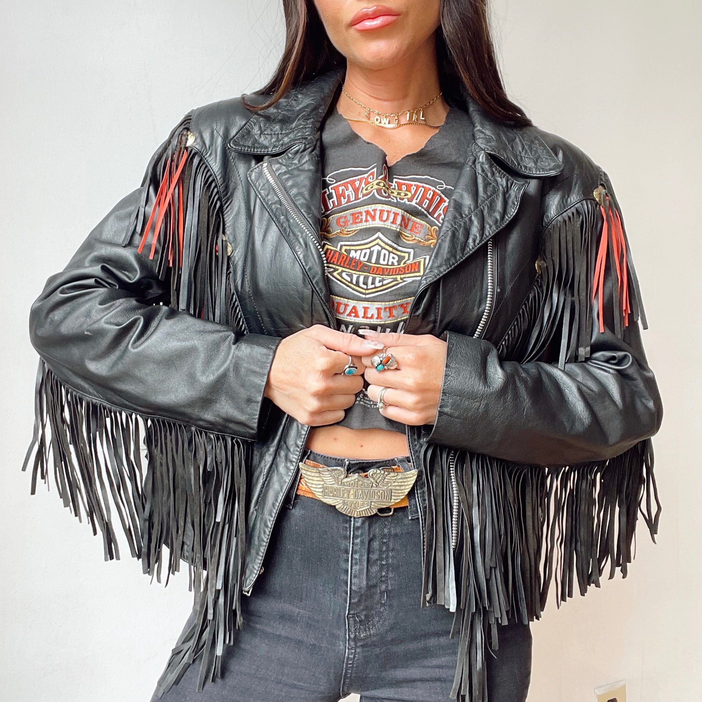 Badass Vintage 70’s Woman Leather Motorcycle Jacket With Fringe & 2024 Concho Detail