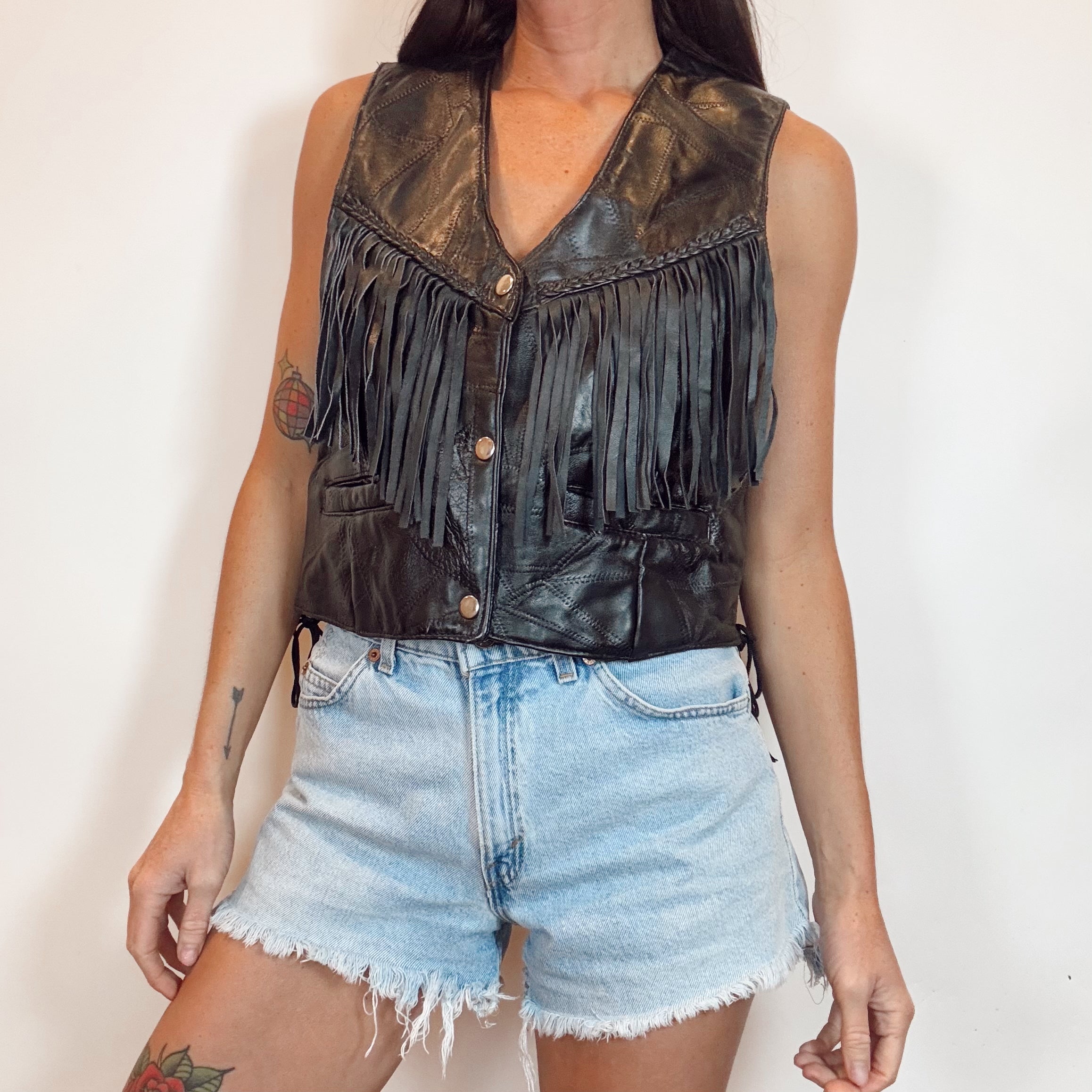 Vintage 80s Black Leather Fringe Vest