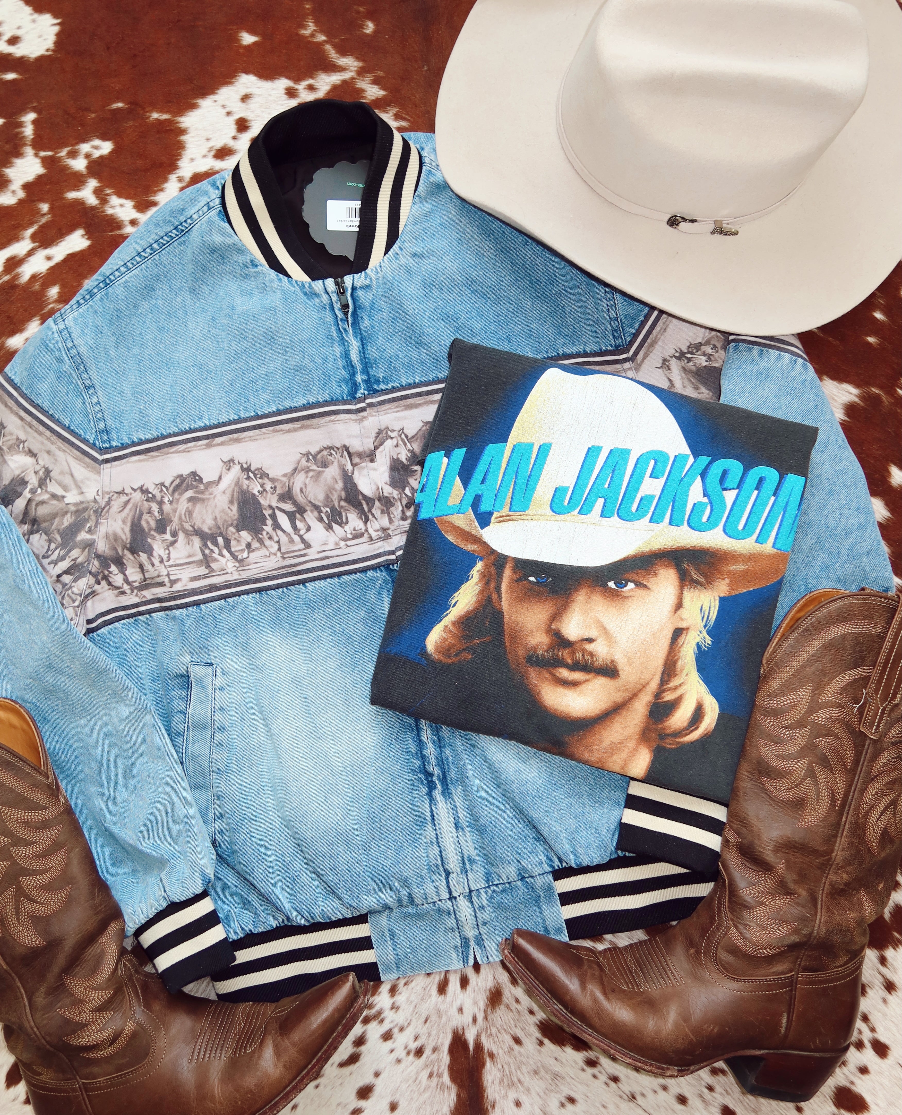 Retro Wild Horses Denim Bomber Jacket