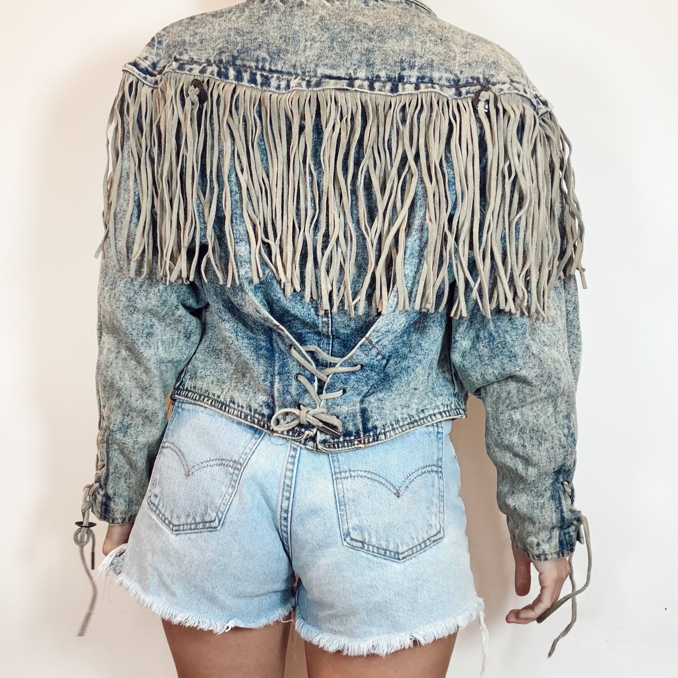 Vintage 80s Denim Acid Wash Suede Fringe Jacket