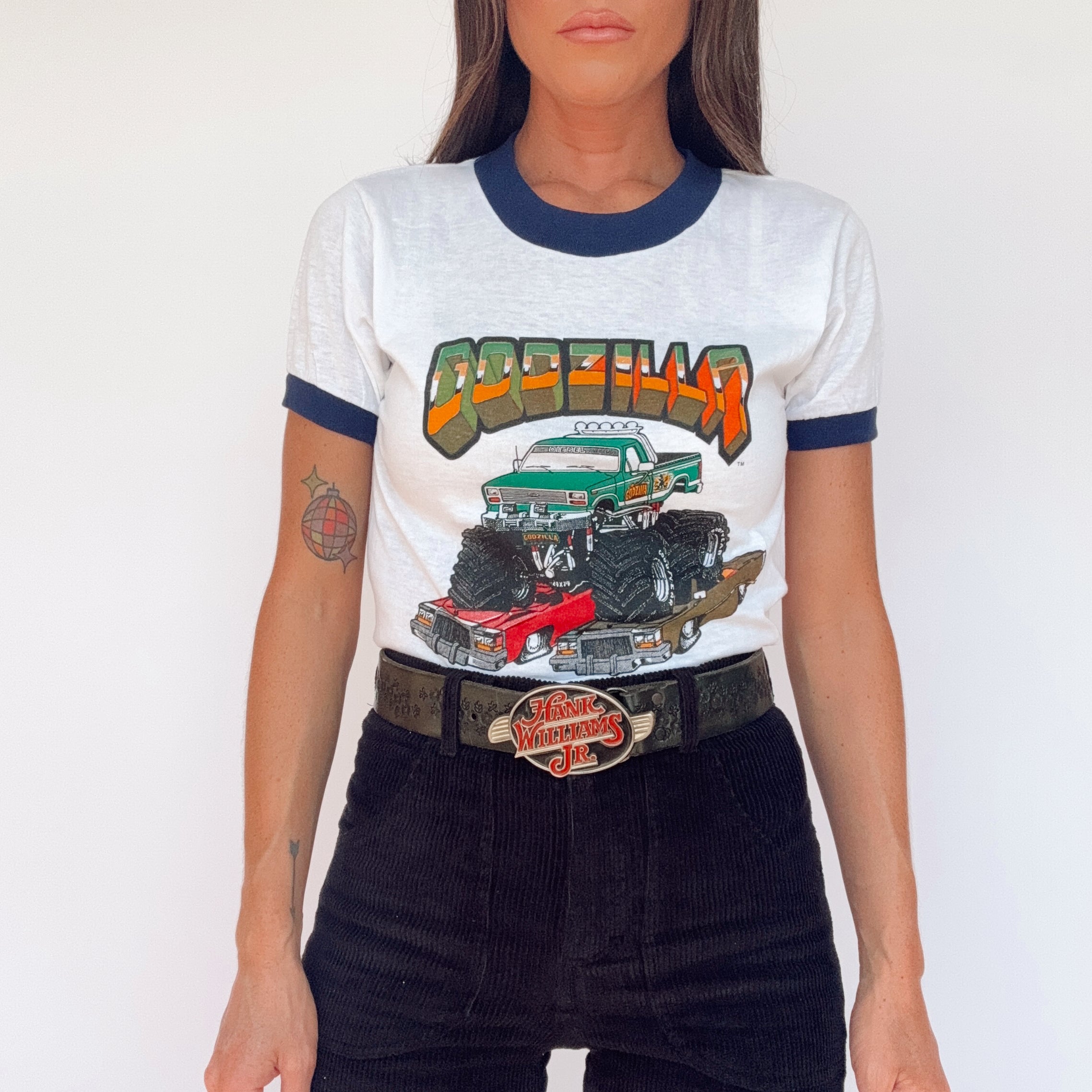 Vintage 80s Monster Truck Godzilla Ringer Tee