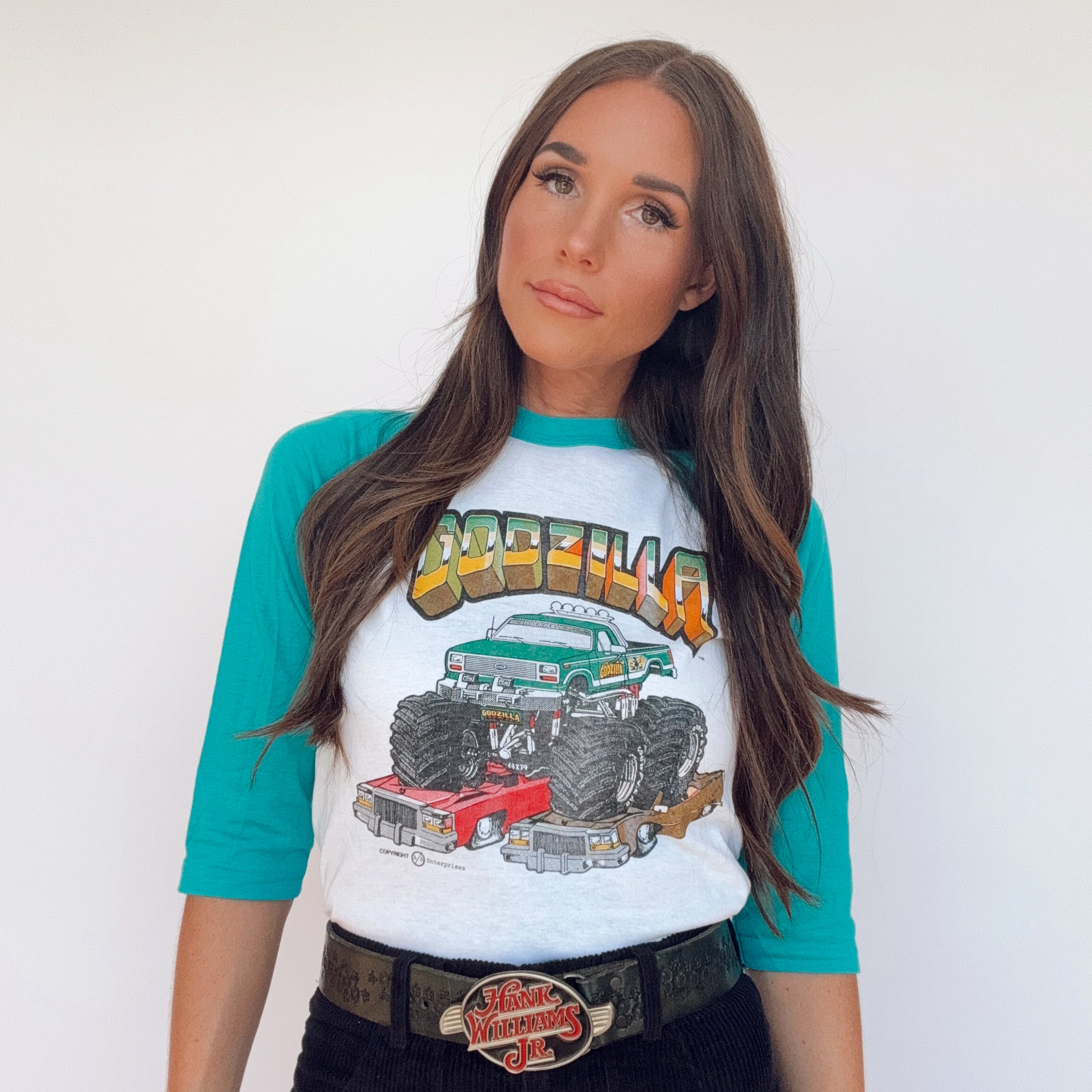 Vintage 80s Monster Truck Godzilla Raglan Tee