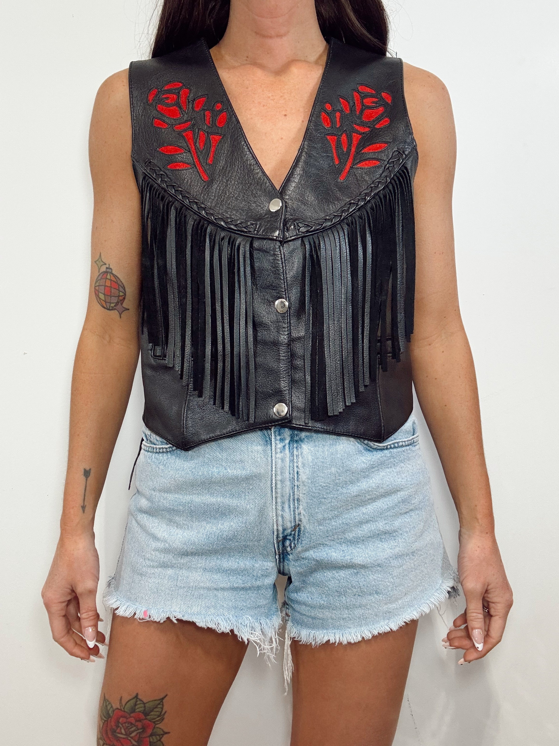 Vintage Red Rose Leather Fringe Vest