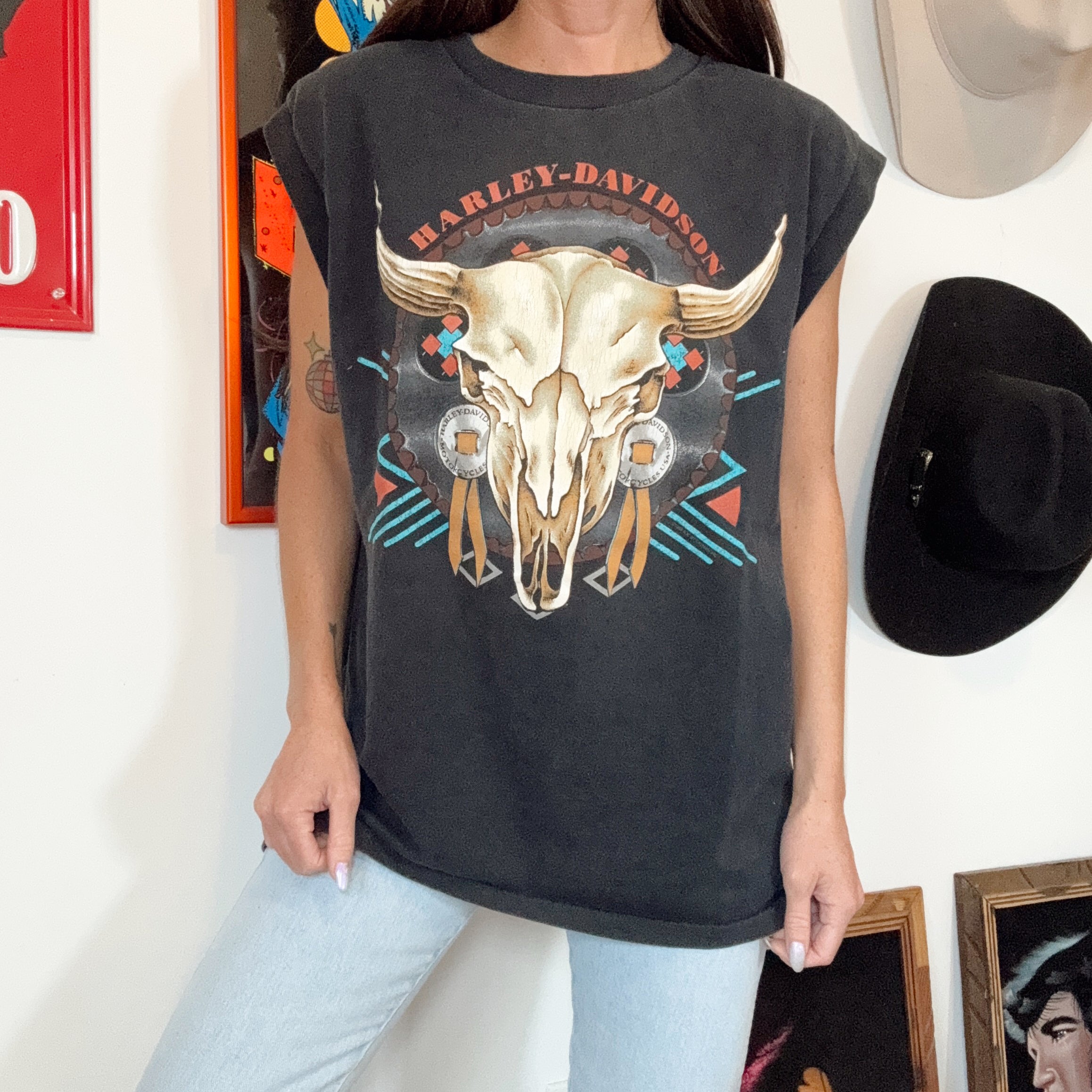 Vintage 90s Harley Davidson Bull Skull Muscle Tee