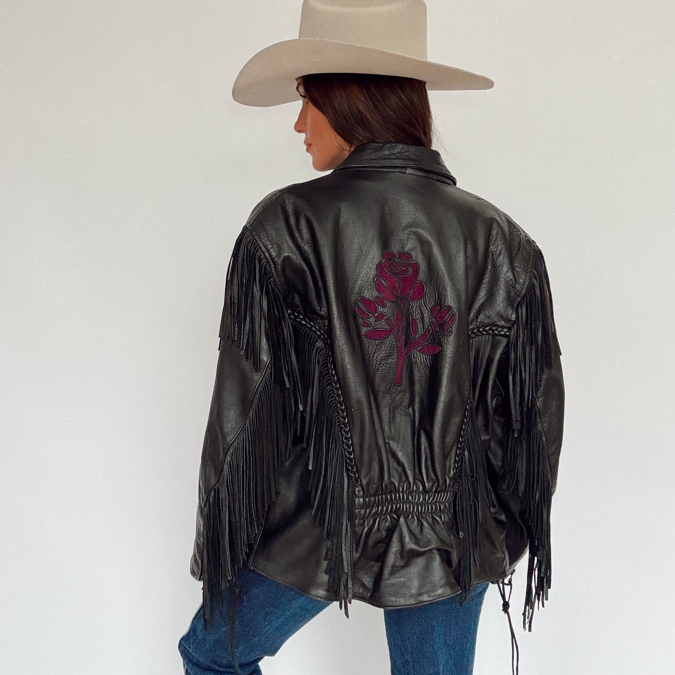 Vintage 80s Black Leather Purple Rose Fringe Jacket