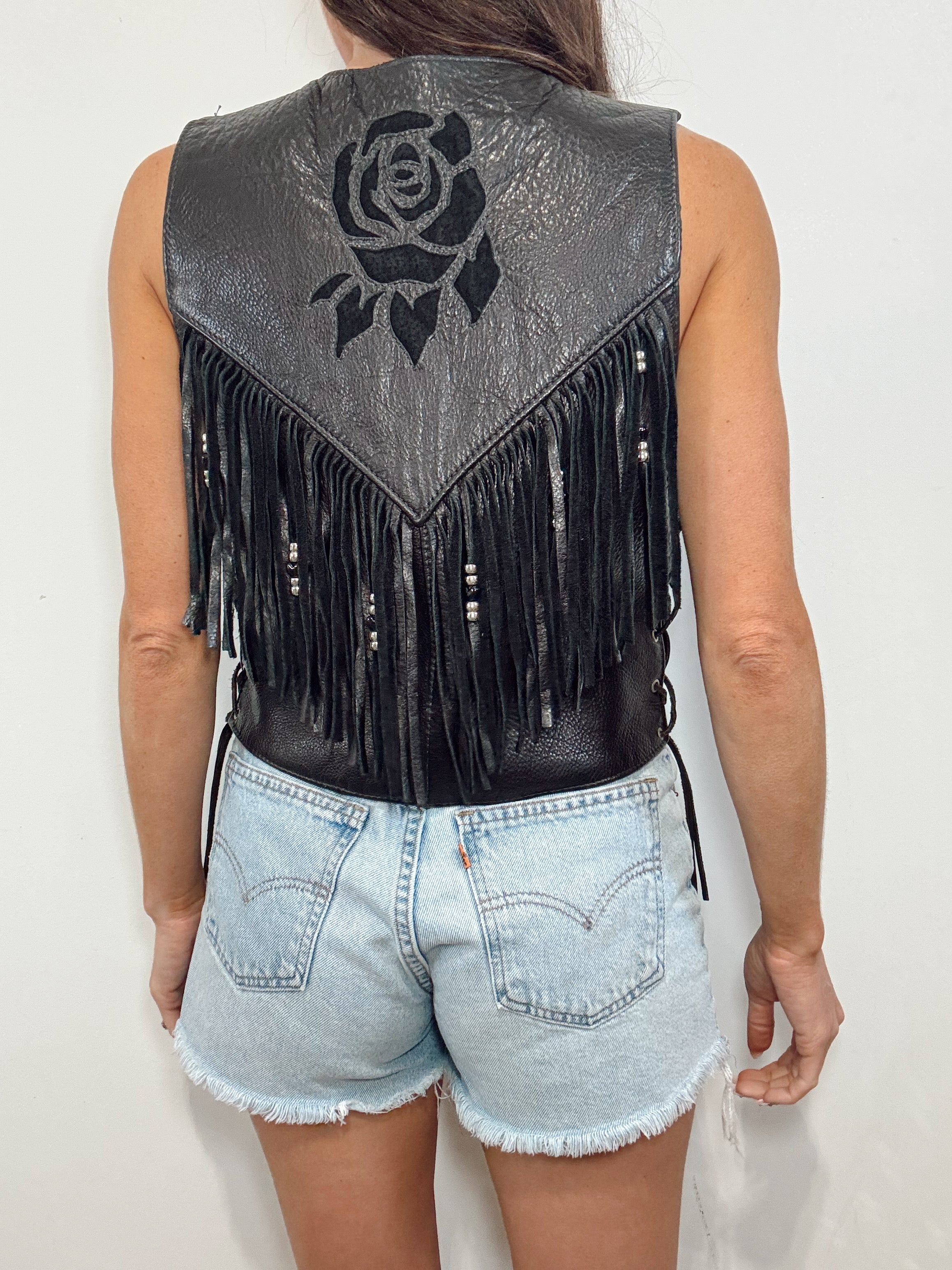 Vintage Leather Black Rose Fringe Beaded Vest