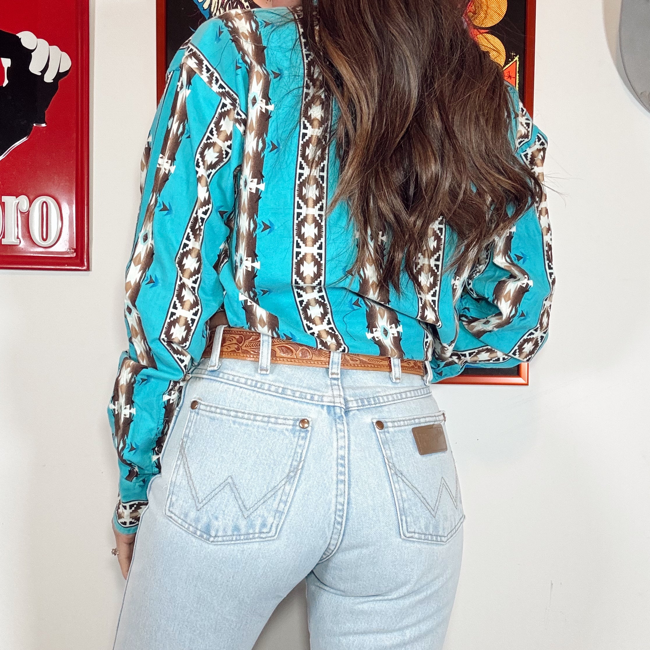 Vintage 90s Turquoise Aztec Pearl Snap