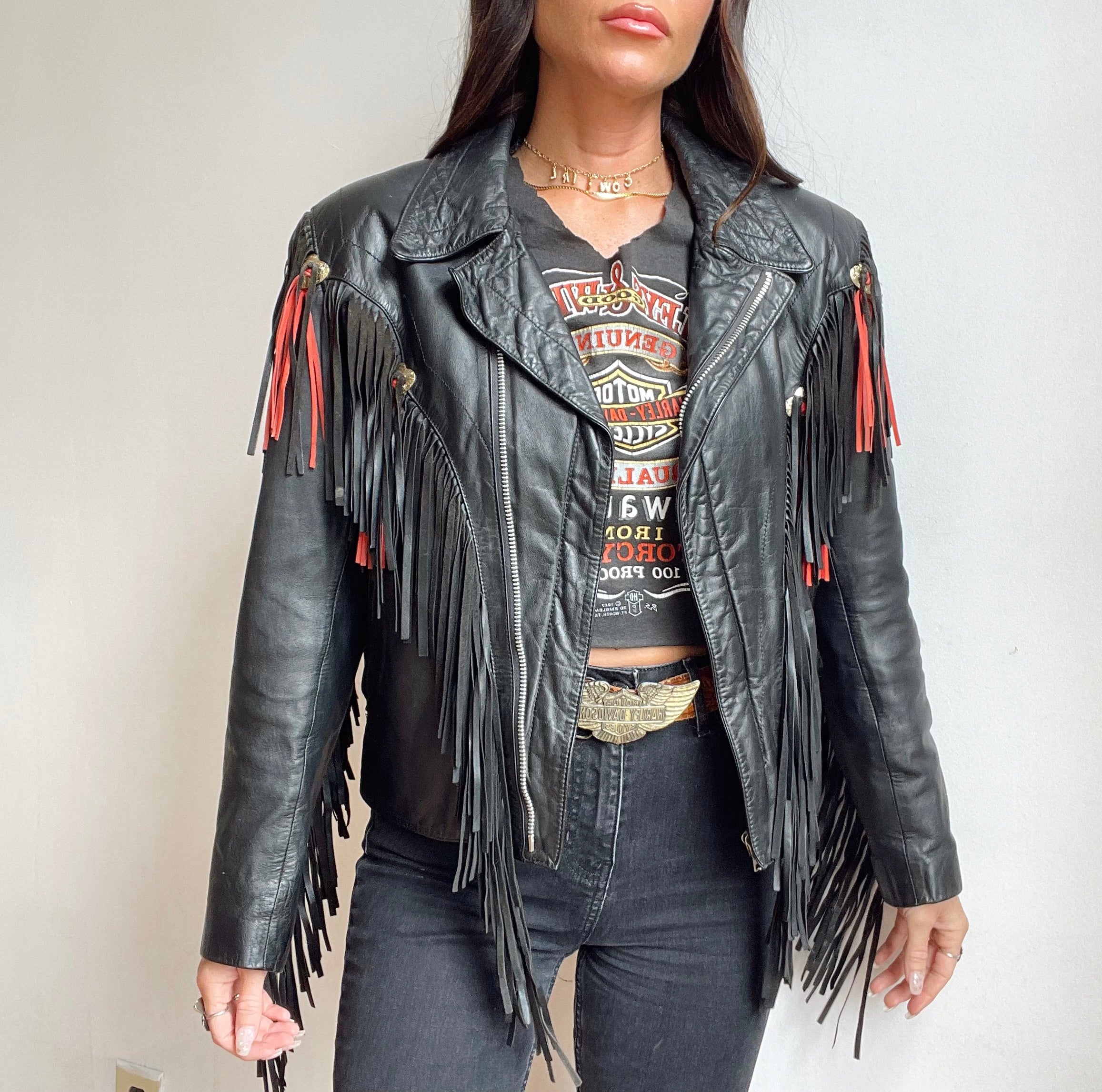 Vintage Leather Fringe Heart Concho Jacket